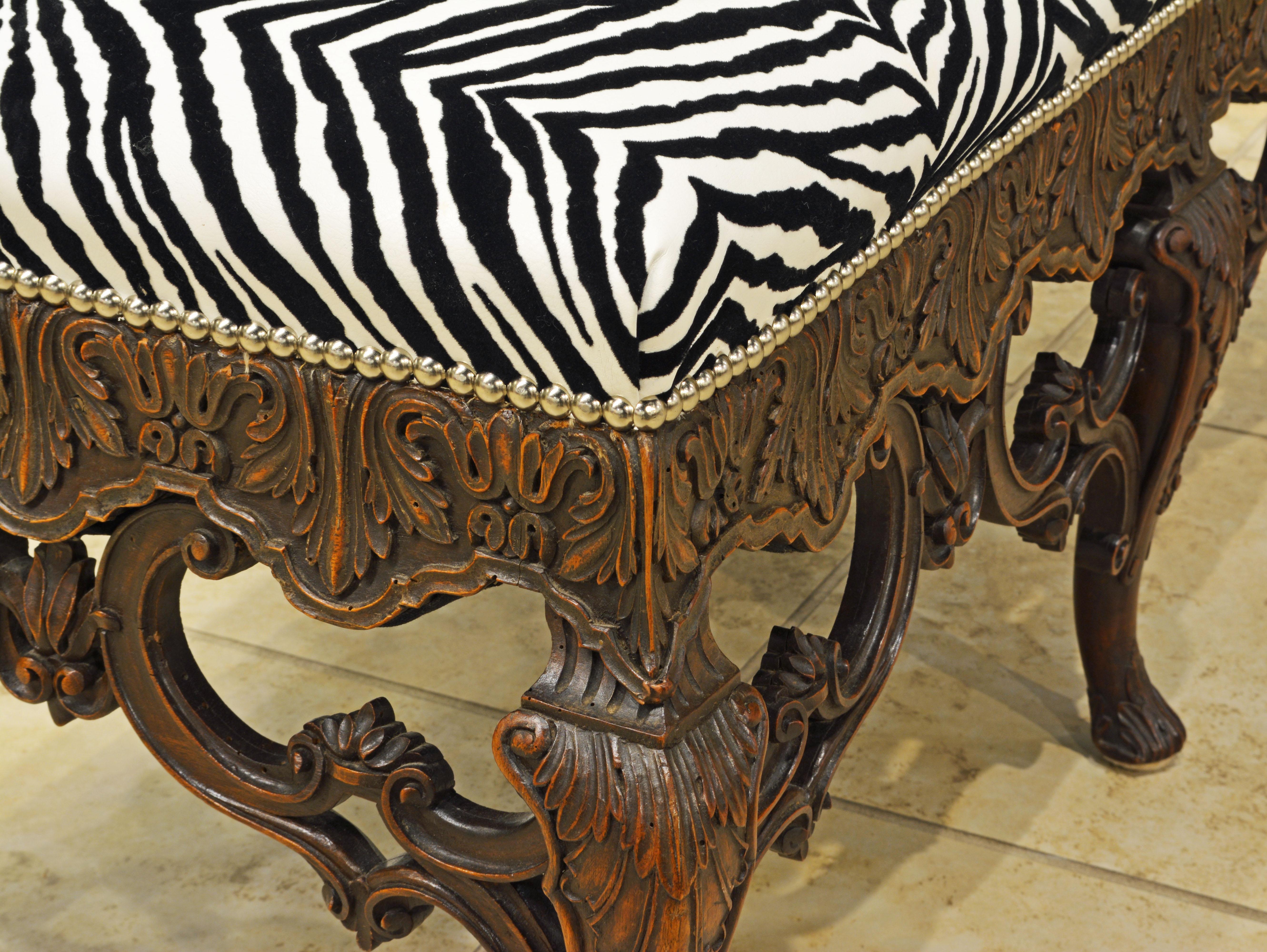 Late 19th Century Richly Carved Louis XV Style Bench with Zebra Print Cover In Good Condition In Ft. Lauderdale, FL