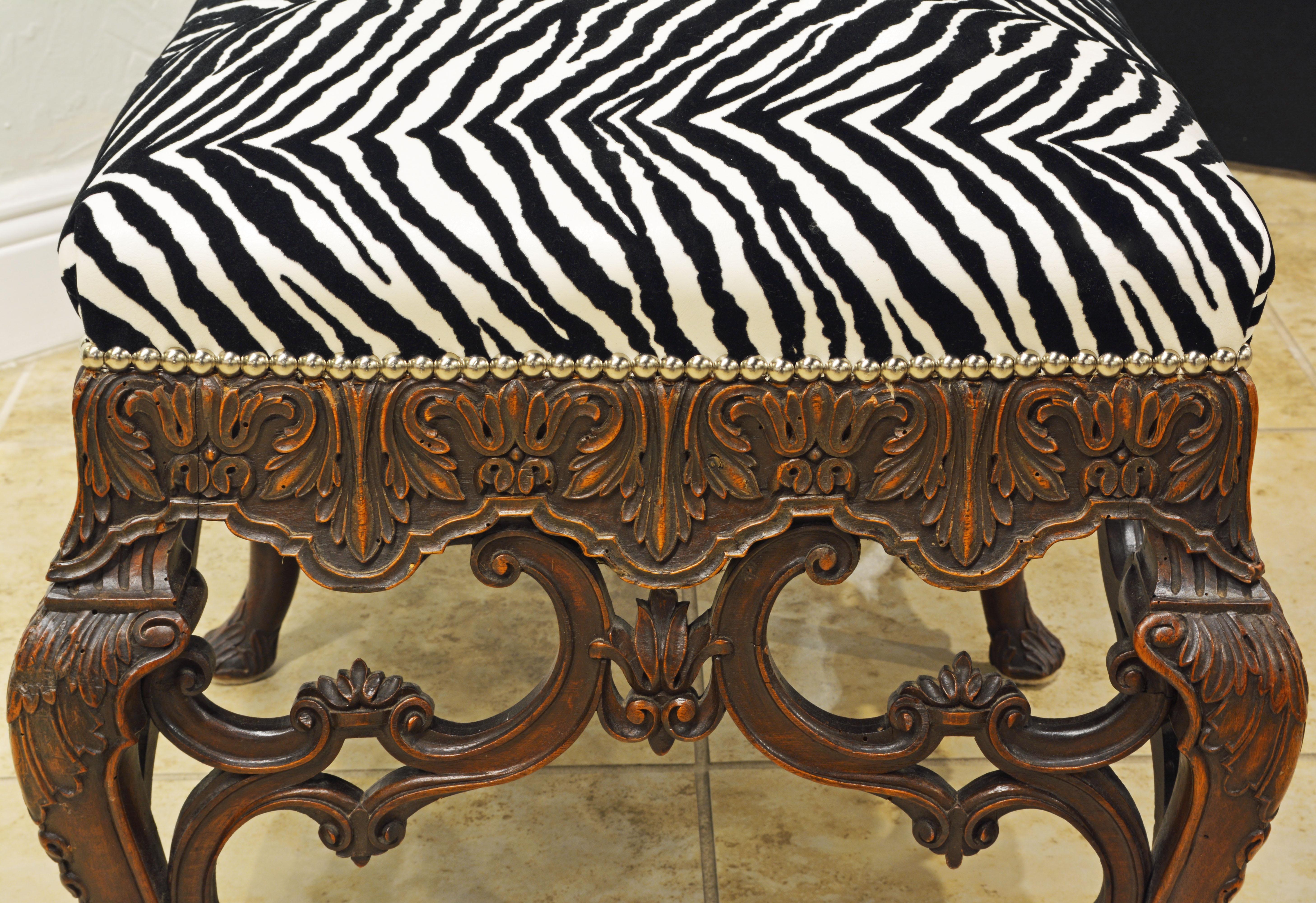 Fabric Late 19th Century Richly Carved Louis XV Style Bench with Zebra Print Cover