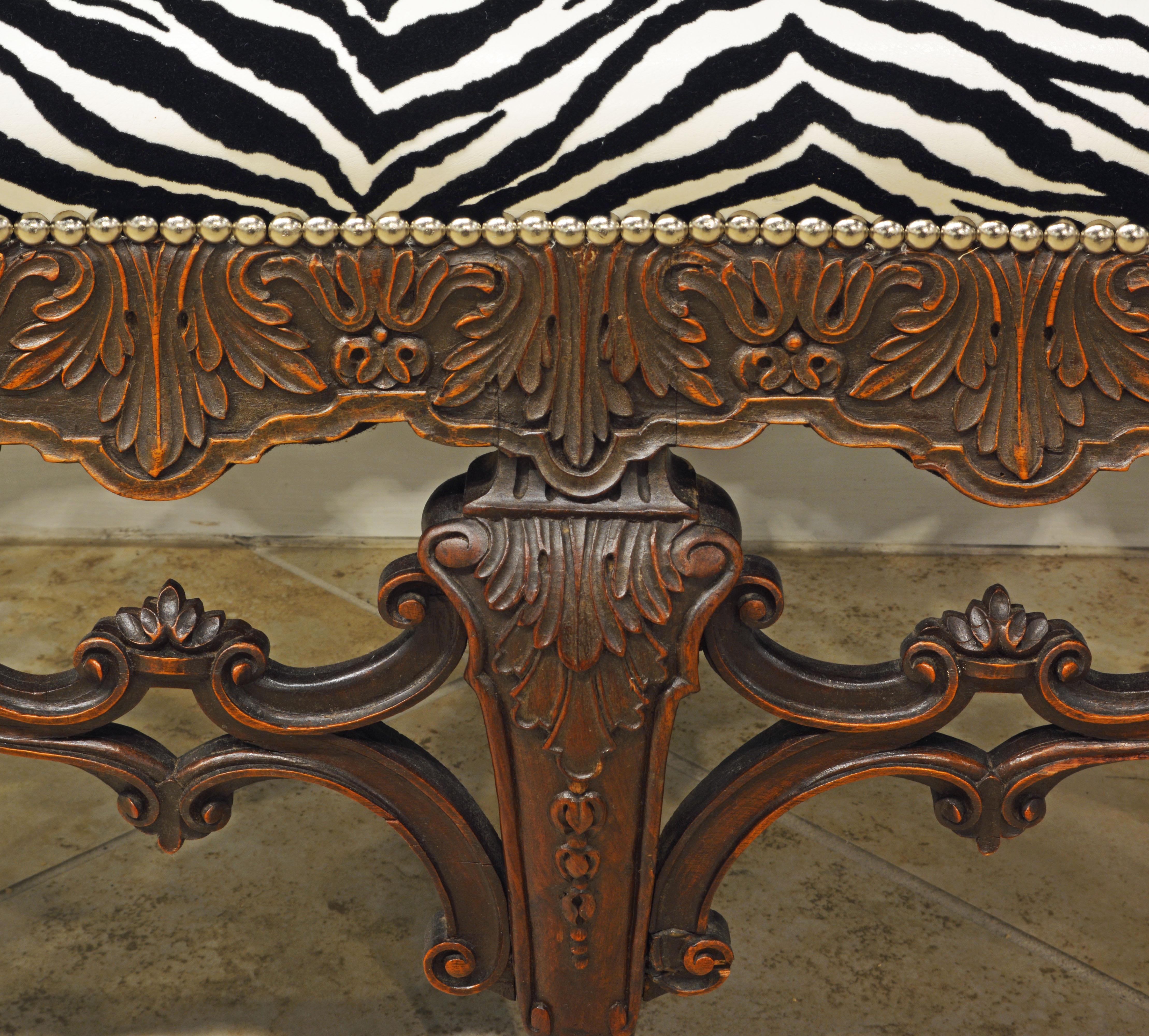 Late 19th Century Richly Carved Louis XV Style Bench with Zebra Print Cover 1