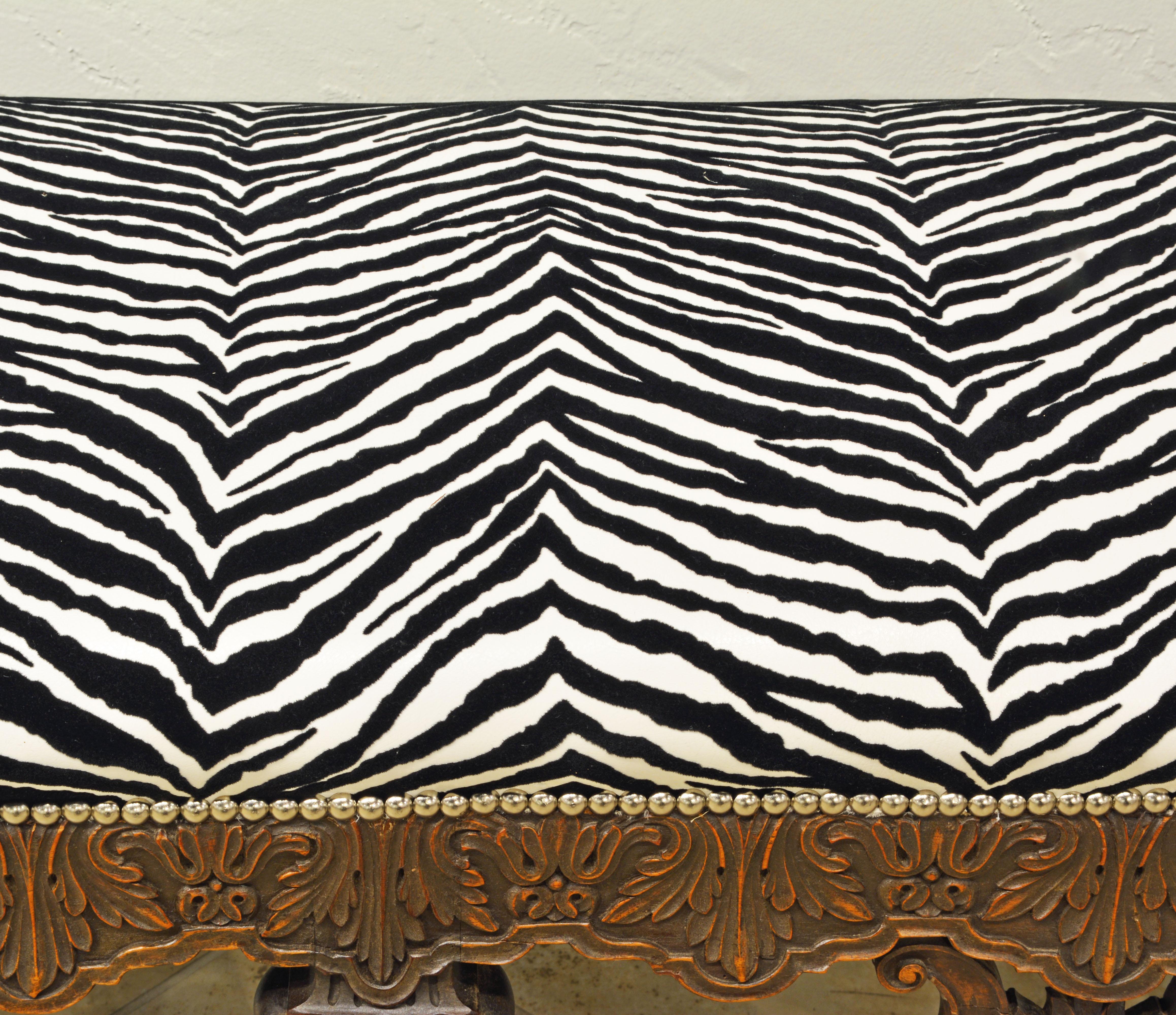 Late 19th Century Richly Carved Louis XV Style Bench with Zebra Print Cover 2