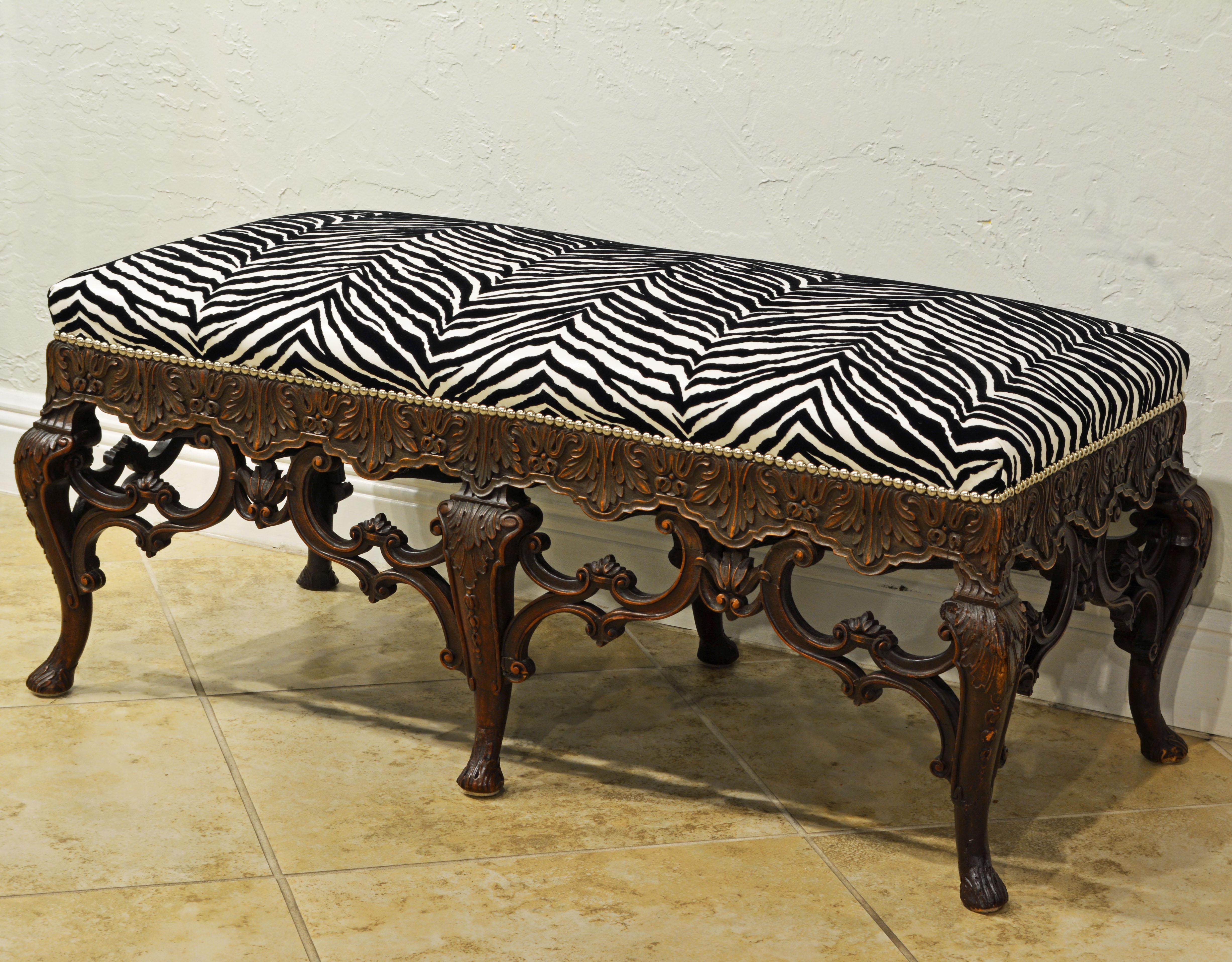 Late 19th Century Richly Carved Louis XV Style Bench with Zebra Print Cover 3