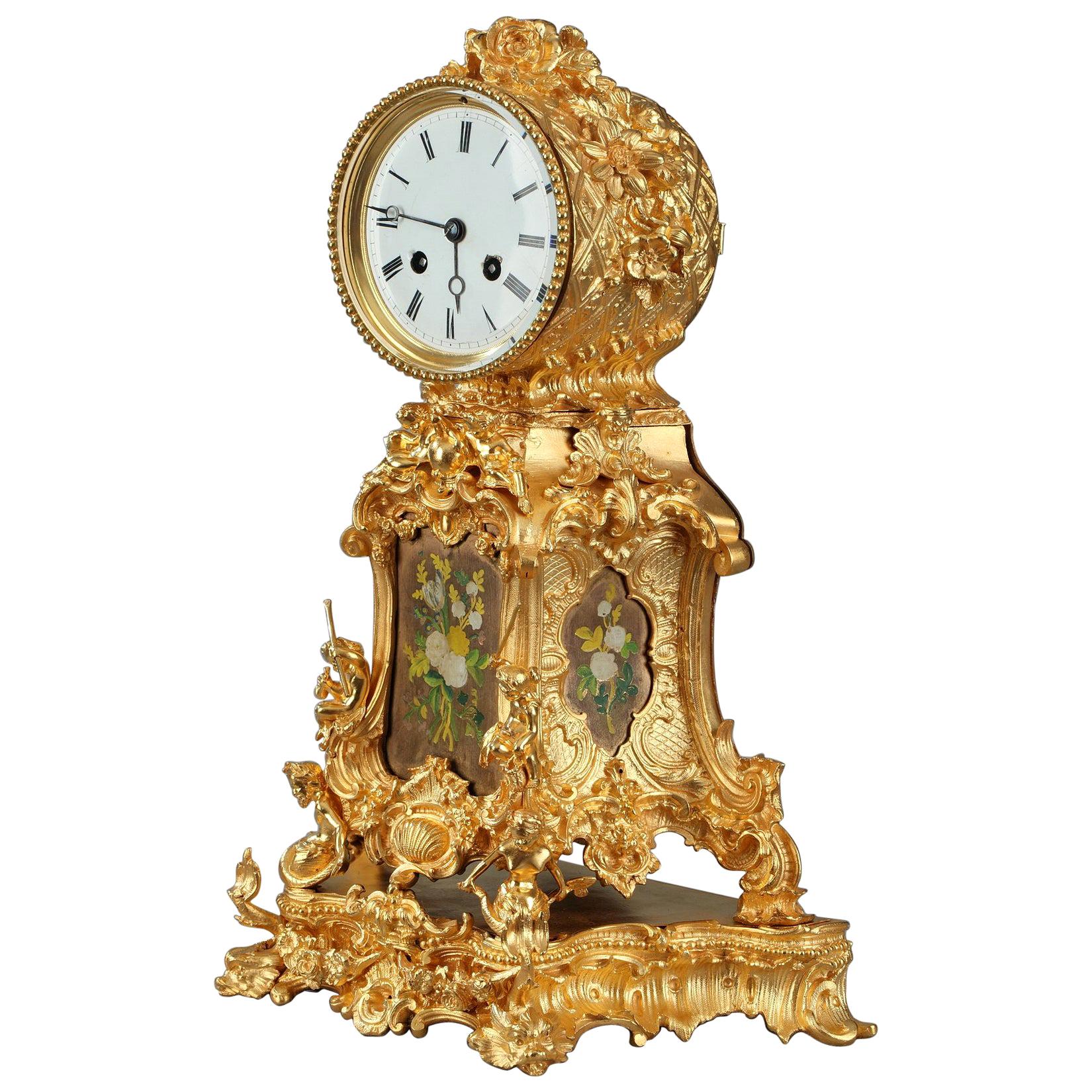 Late 19th Century Rocaille Ormolu Mantel Clock with Floral Decoration For Sale