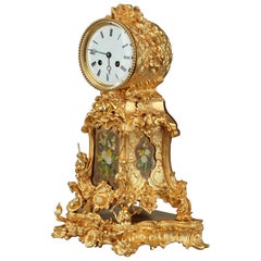 Antique Late 19th Century Rocaille Ormolu Mantel Clock with Floral Decoration