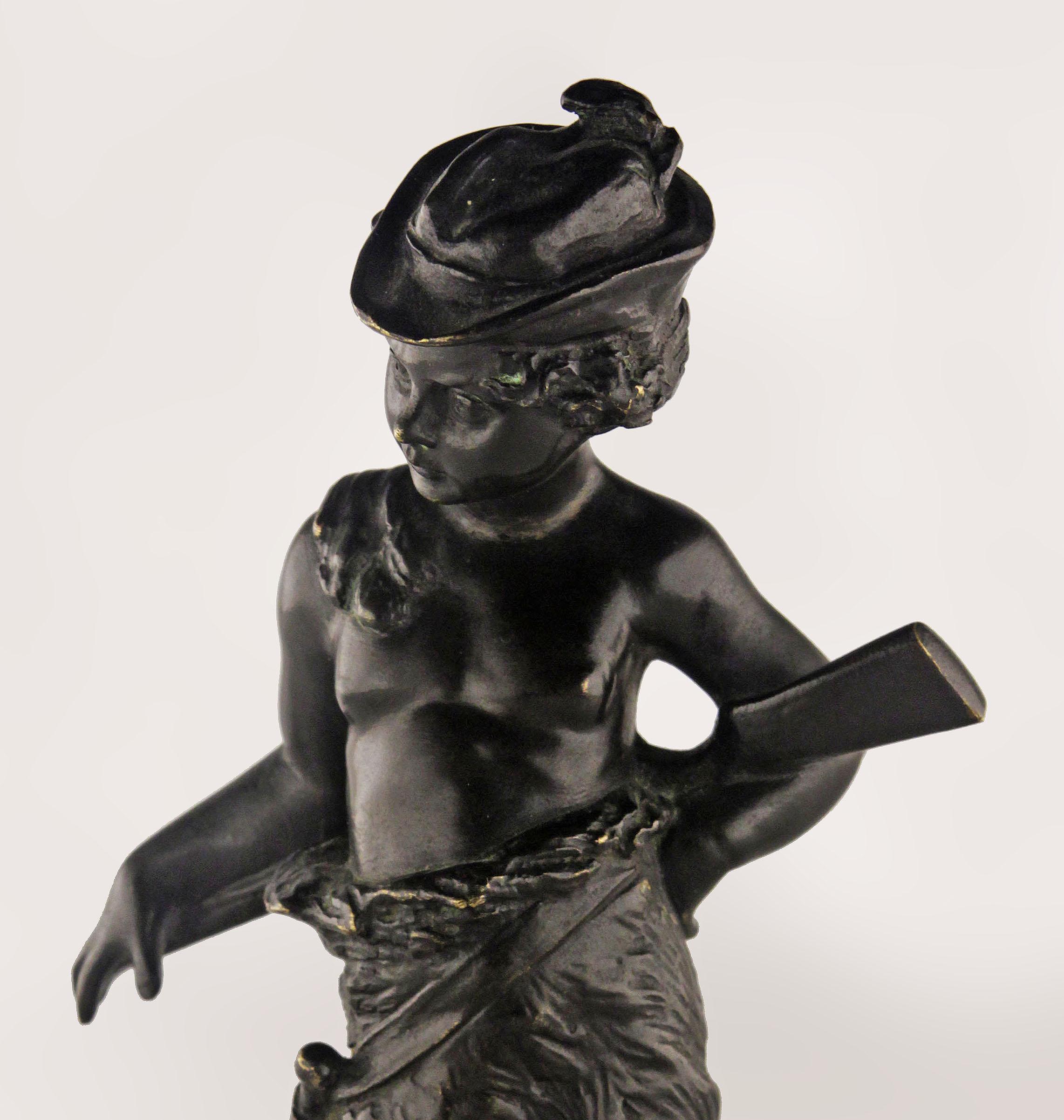 Metal Late 19th Century Romantic French Black Patina Bronze Sculpture of a Hunter Boy For Sale