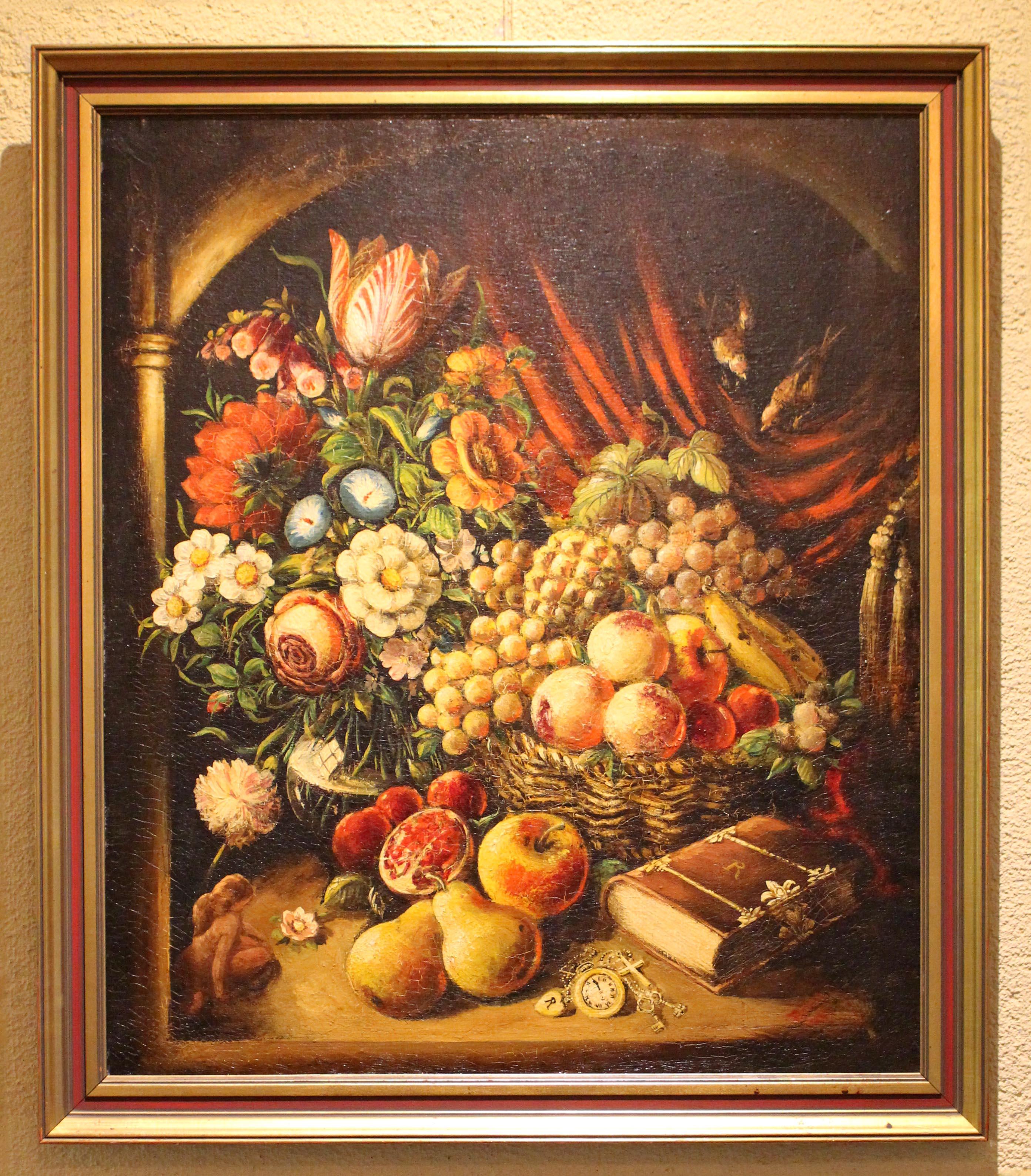 Romantic still life of flowers and fruit from the late Victorian Grand Tour Period. Although unsigned, this oil on original canvas has two intriguing 