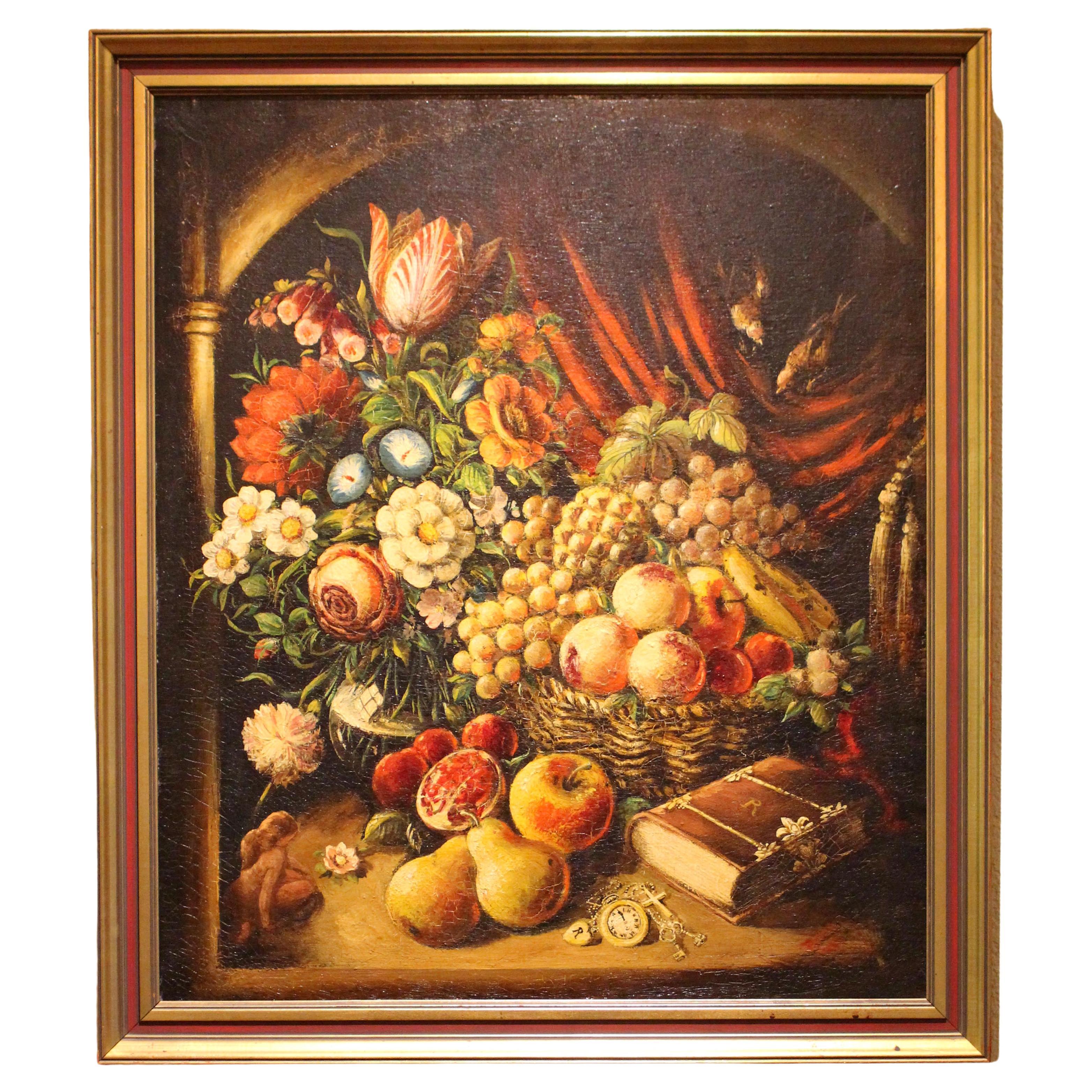 Late 19th Century Romantic Still Life of Flowers & Fruit, Grand Tour Period For Sale