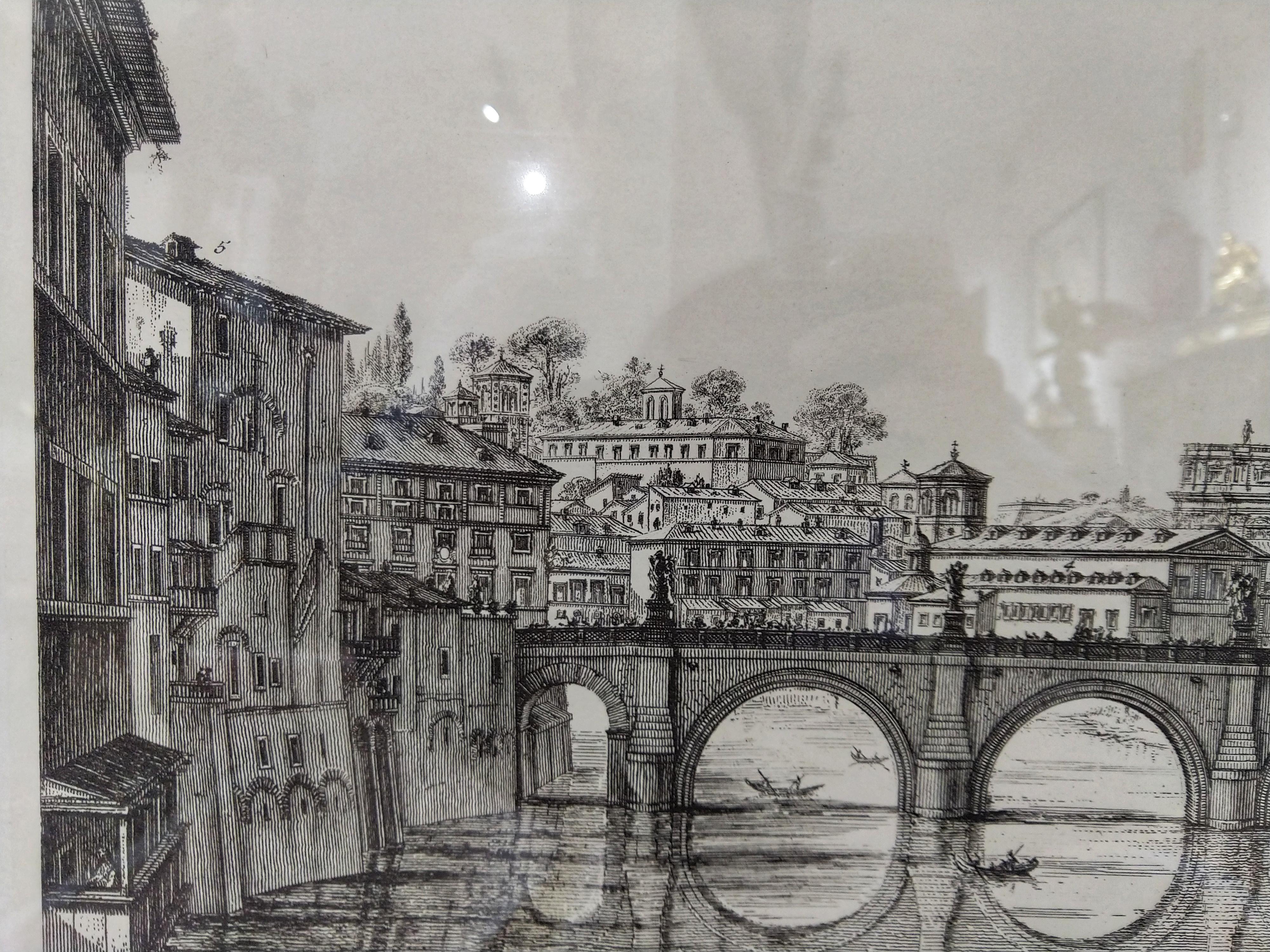 Beautiful Roman print, depicting the Tiber with various genre scenes. In the central part we can see the San'Angelo bridge with its reflection in the river, on the right Castel Sant'Angelo and in the center at the bottom the St. Peter's Basilica.
