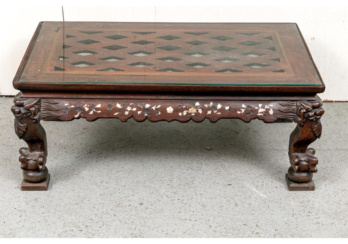 Asian Late 19th Century Rosewood Chinese Carved And Inlaid Low Tea Table For Sale
