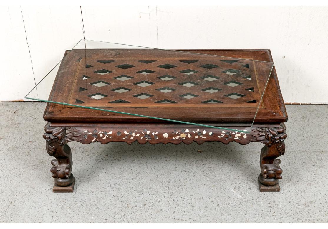 Inlay Late 19th Century Rosewood Chinese Carved And Inlaid Low Tea Table For Sale