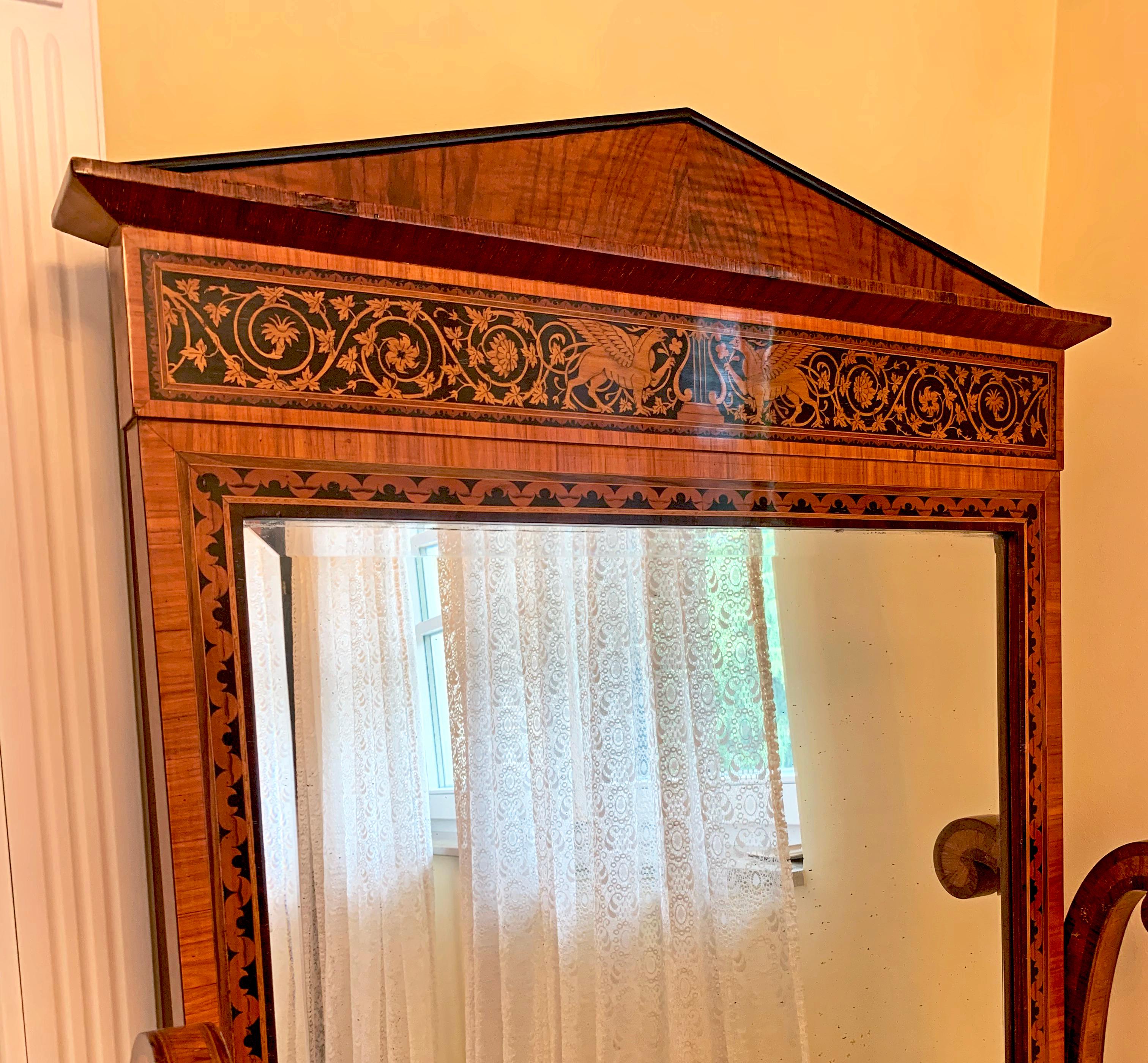 Miroir sur pied en bois de rose de la fin du XIXe siècle avec marqueterie en bois noir en vente 2