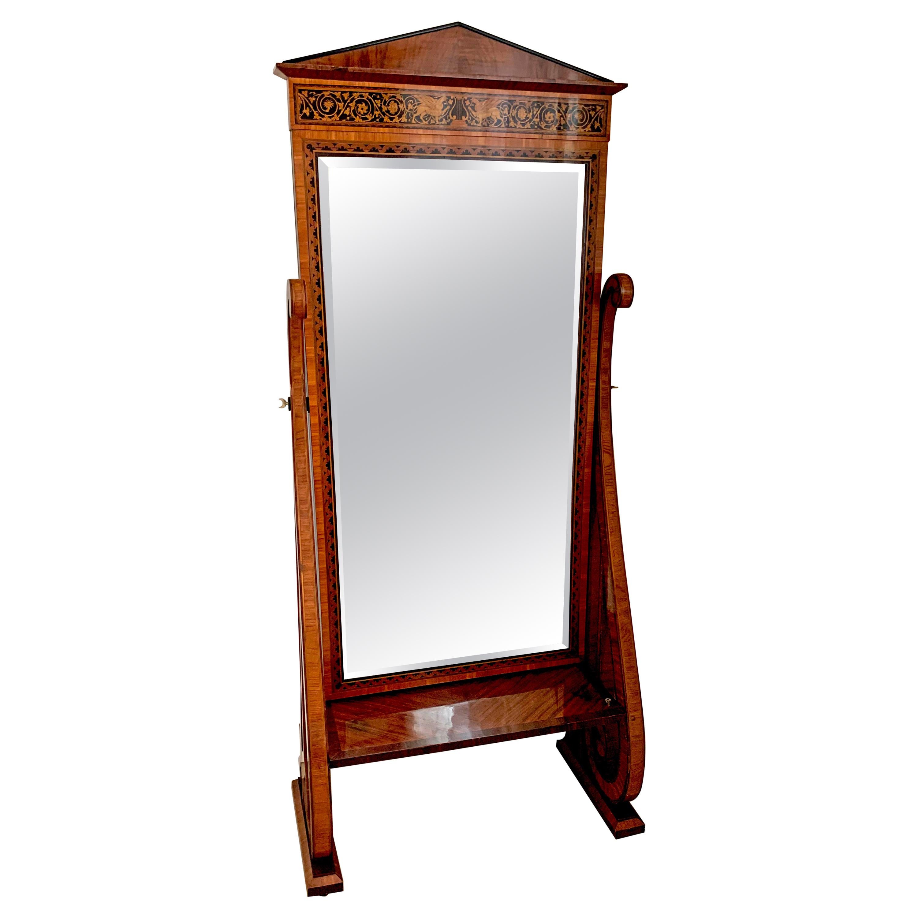 Late 19th Century Rosewood Standing Mirror with Marquetry in Black Wood