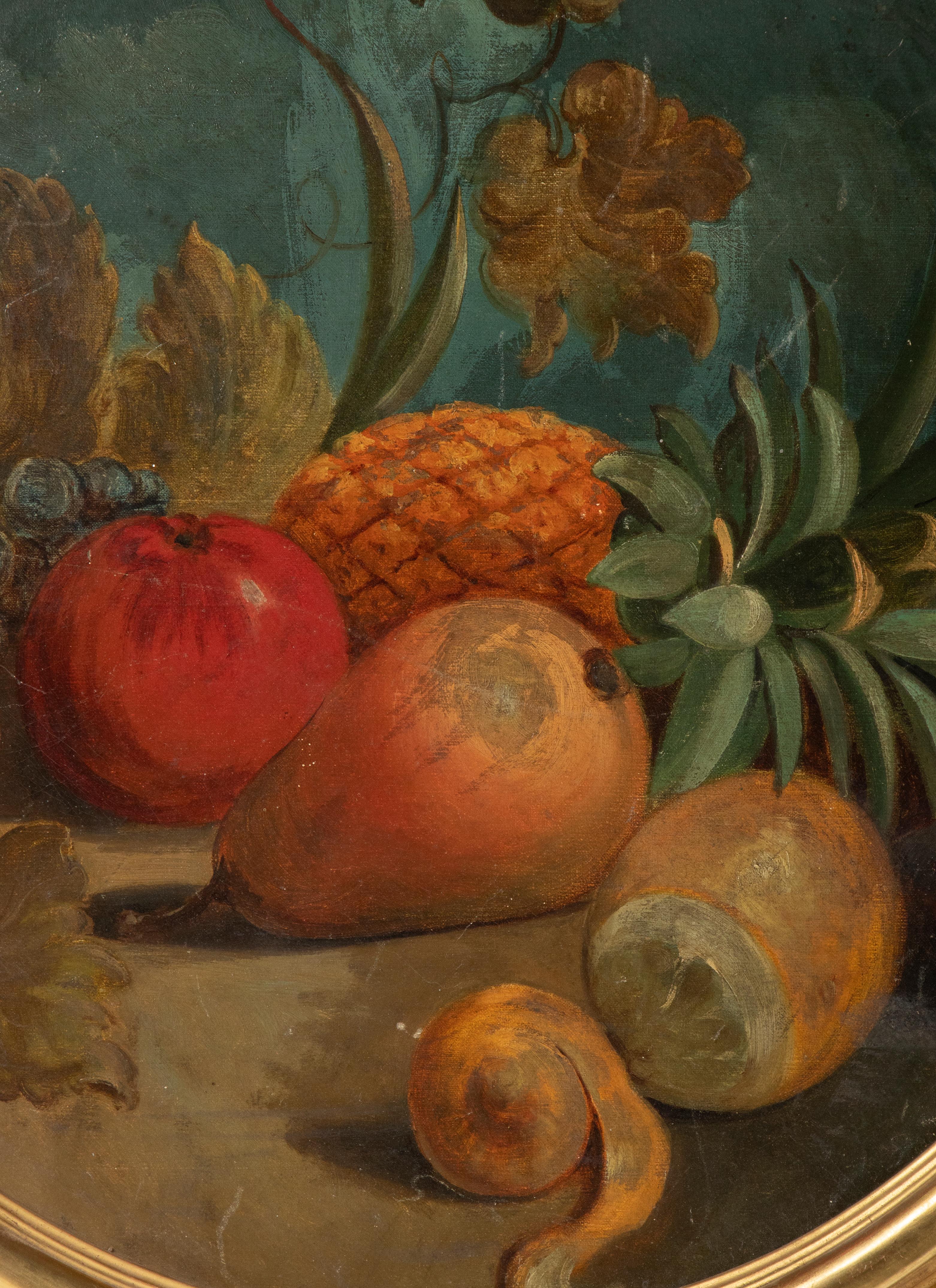 Beautiful antique painting, a fruit still life against a dark blue background. The painting is painted on canvas, the canvas is pasted on wood. The painting is not signed. Framed in a 19th century round frame, made of wood, covered with gesso and