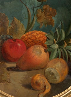 Late 19th Century Round Oil Painting Fruit Still Life with Gold Leaf Frame