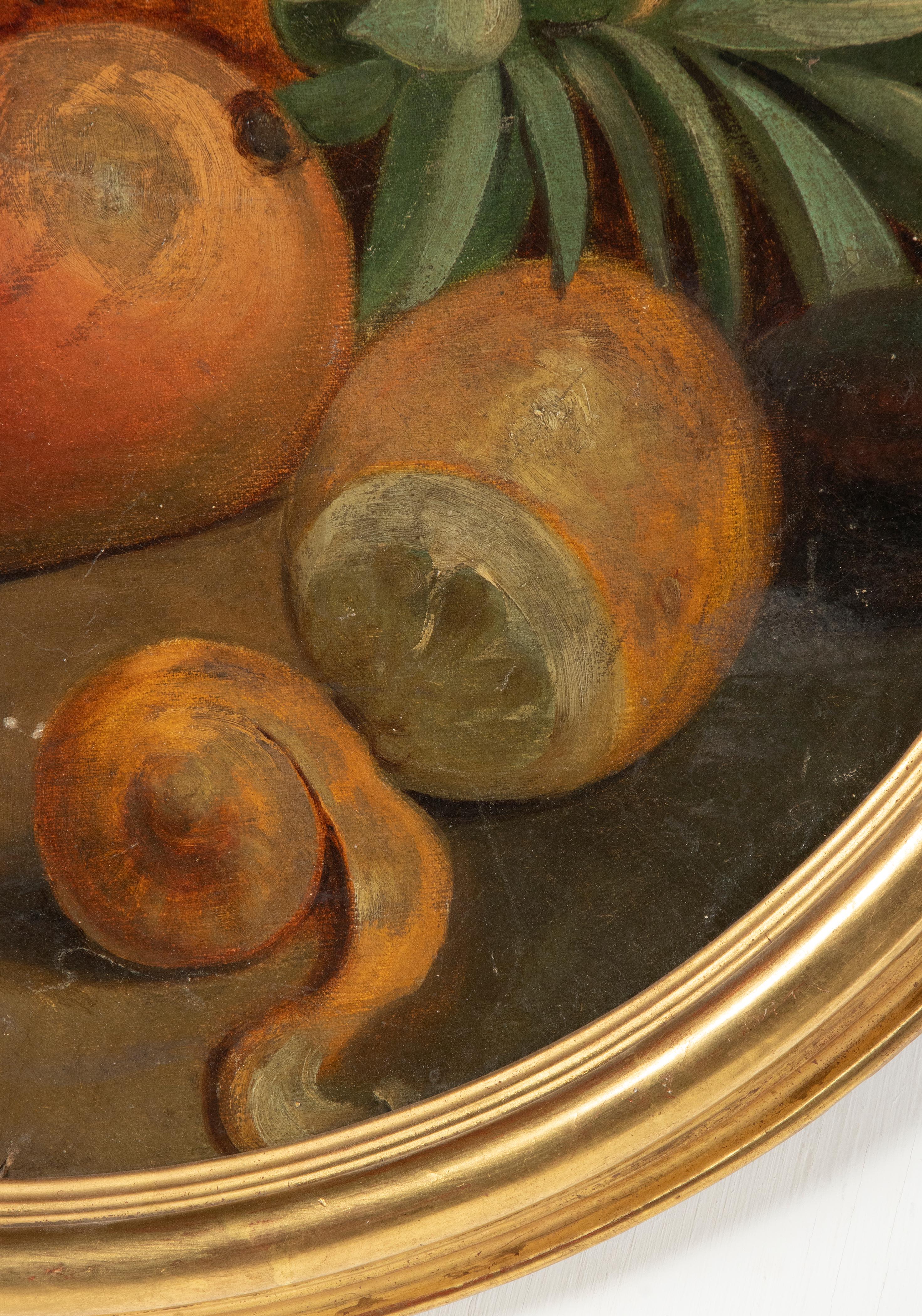 Pintura al óleo redonda de finales del siglo XIX Naturaleza muerta frutal con marco de pan de oro Napoleón III en venta