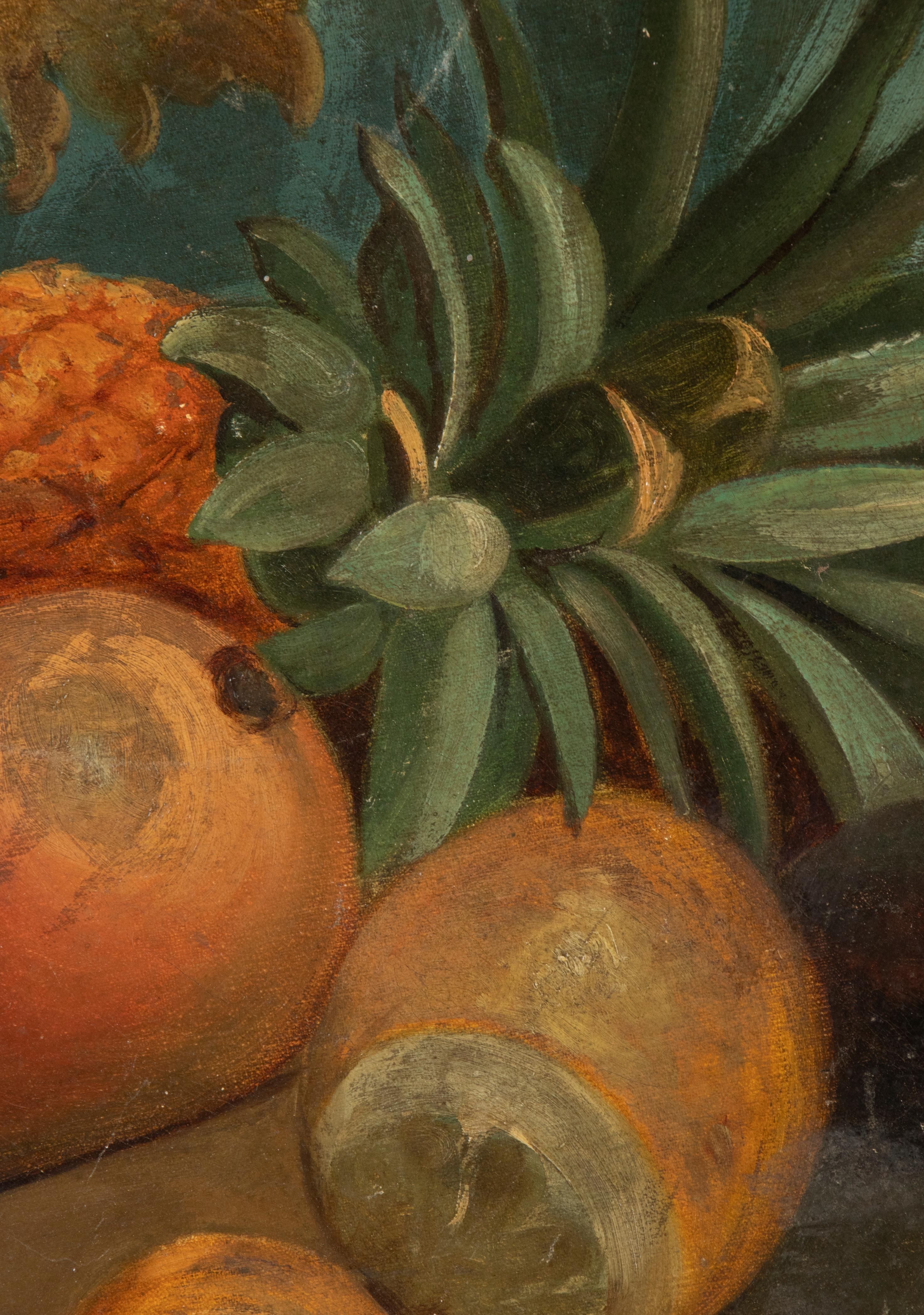 Pintura al óleo redonda de finales del siglo XIX Naturaleza muerta frutal con marco de pan de oro Pintado a mano en venta