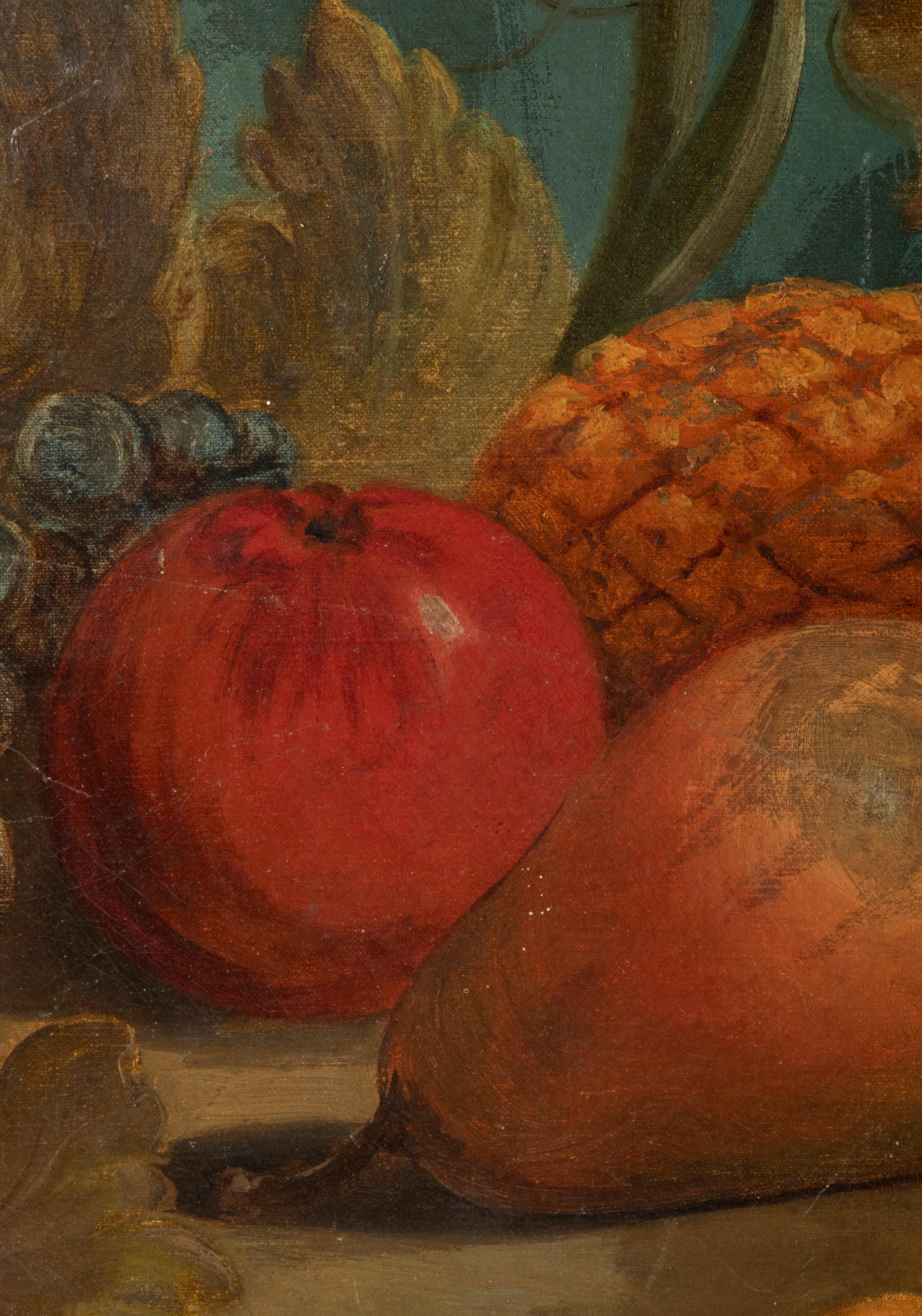 Pintura al óleo redonda de finales del siglo XIX Naturaleza muerta frutal con marco de pan de oro Gesso en venta