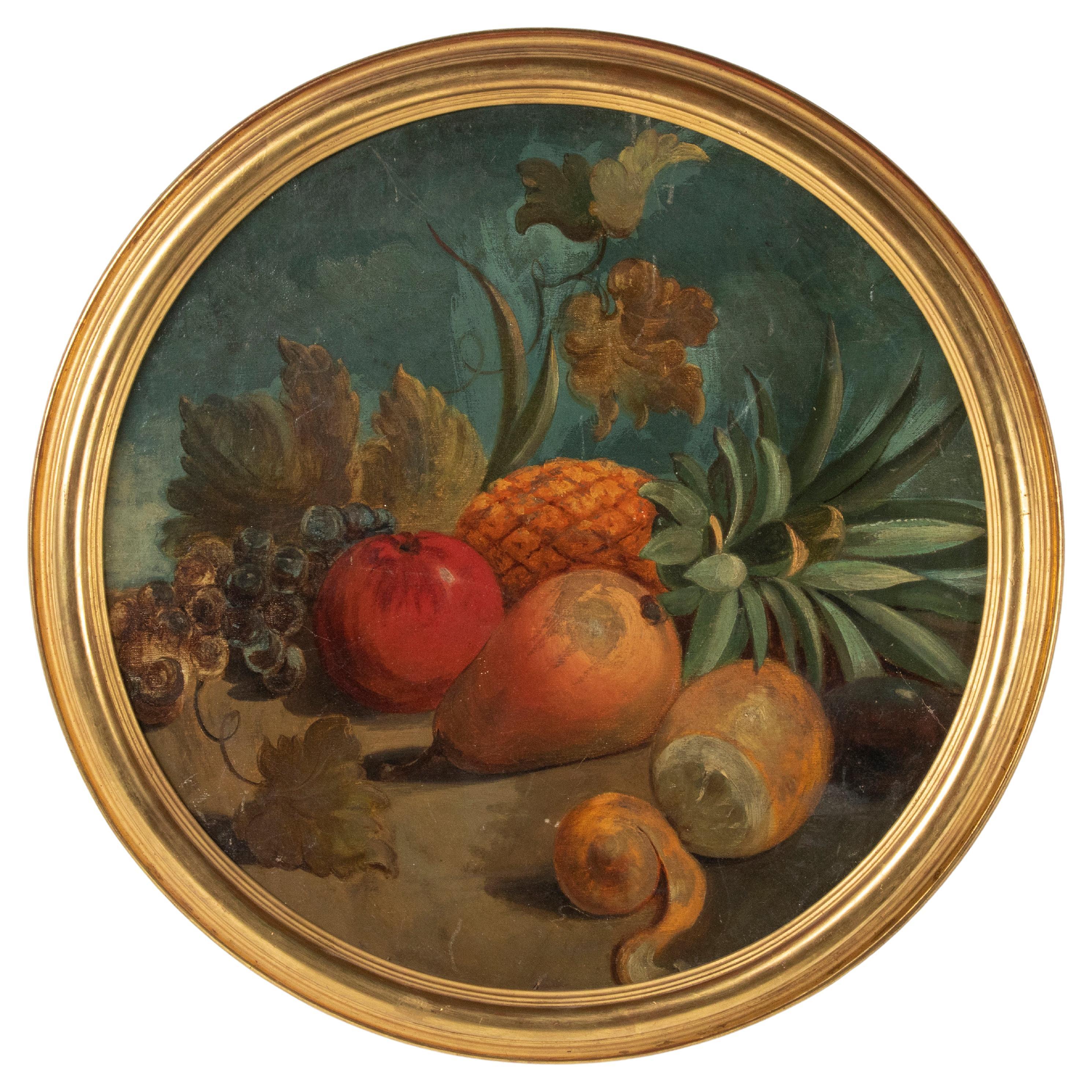 Peinture à l'huile ronde de la fin du XIXe siècle - Nature morte de fruits avec cadre en feuilles d'or