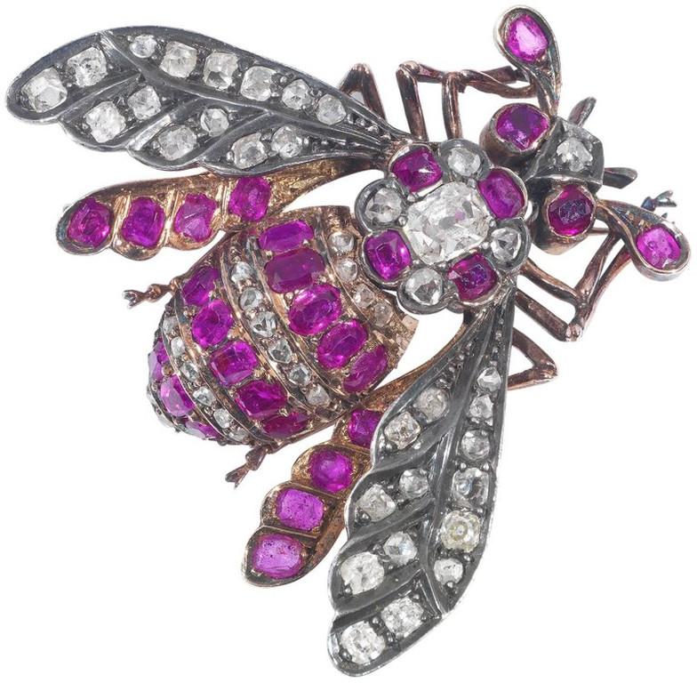 Victorian Late 19th Century Ruby and Diamond Bee Brooch