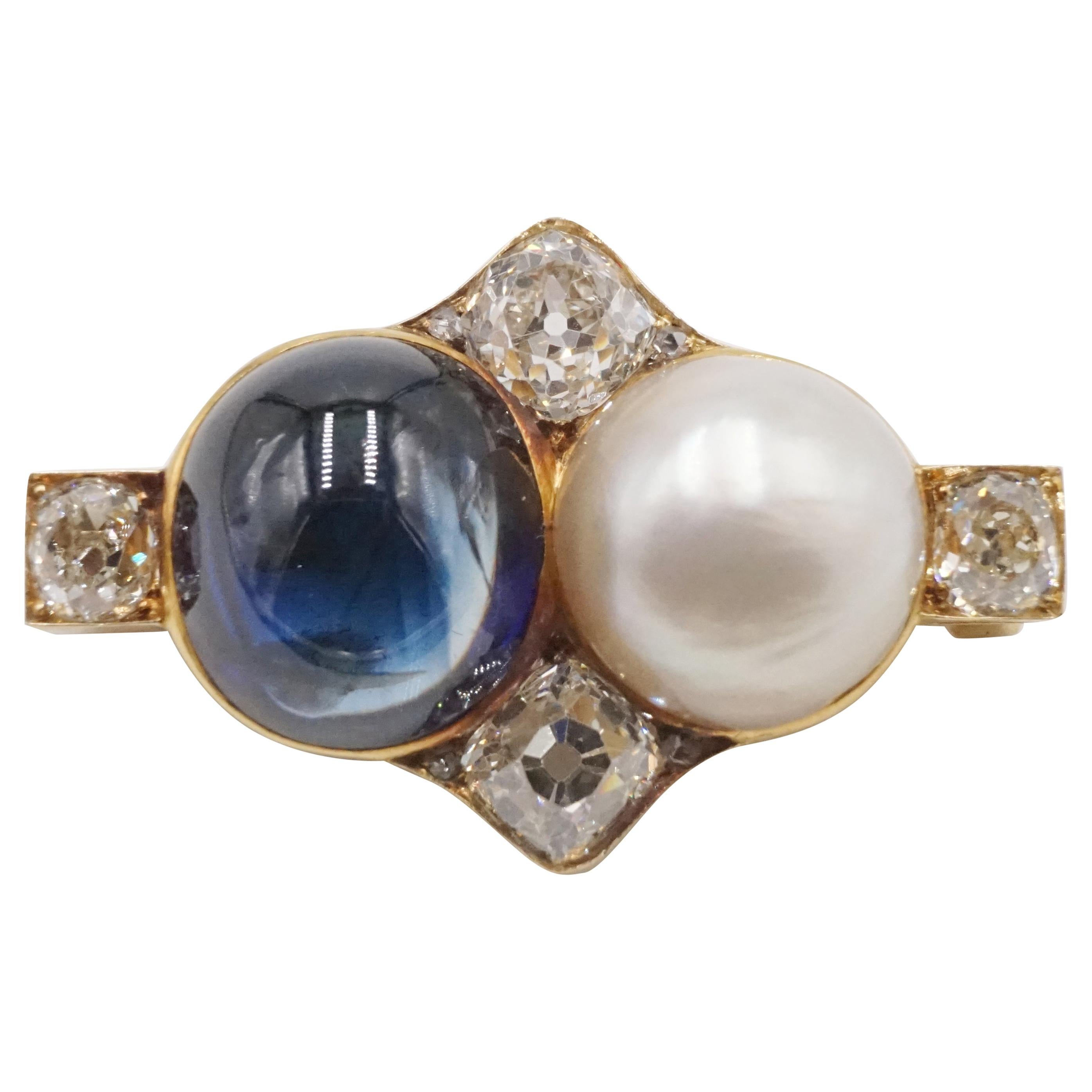 Late 19th Century Russian 10.4 Carat Natural Sapphire, Natural Pearl Gold Brooch