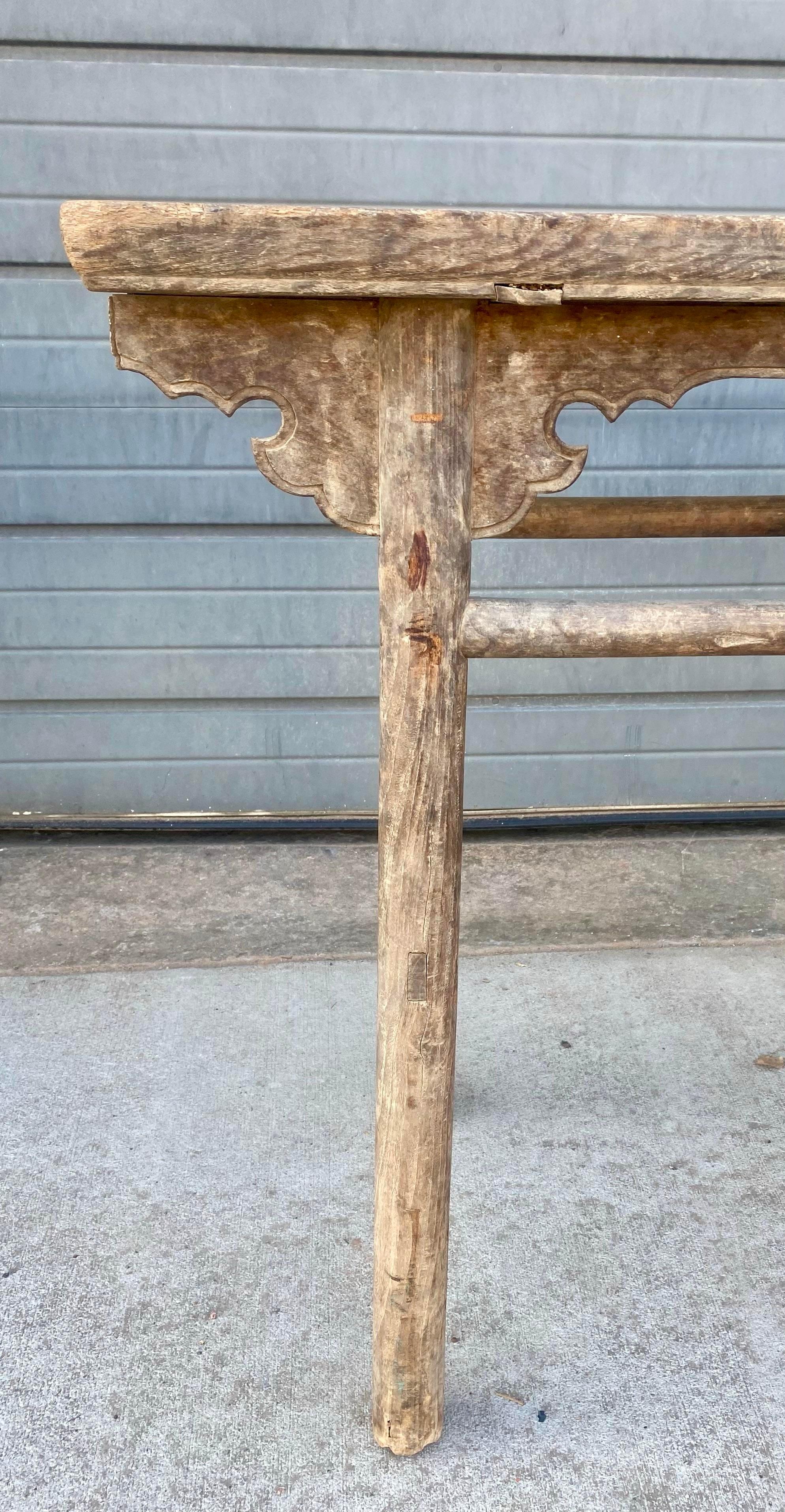 Hand-Crafted Late 19th Century Rustic Antique Chinese Console Altar Elmwood Table For Sale
