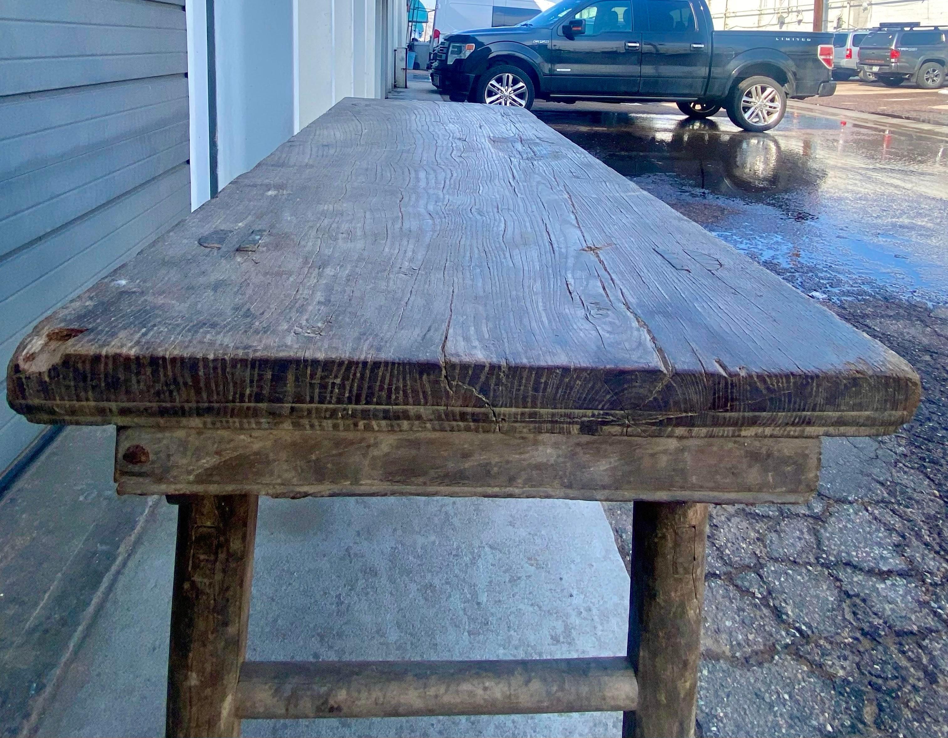 Late 19th Century Rustic Antique Chinese Console Altar Elmwood Table For Sale 1