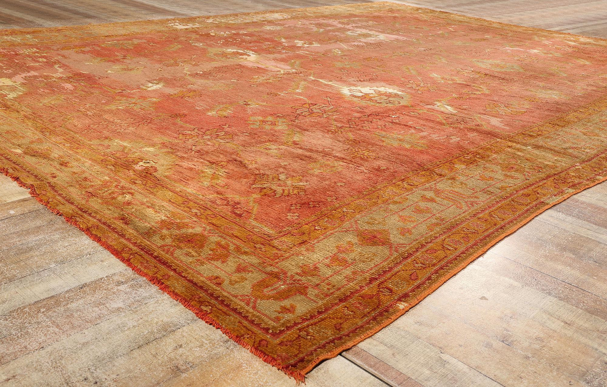 Alfombra Turca Oushak Roja Antigua Rústica de Finales del Siglo XIX Lana en venta