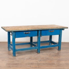 Late 19th Century Rustic Blue Painted Work Table with Two Metal Drawers