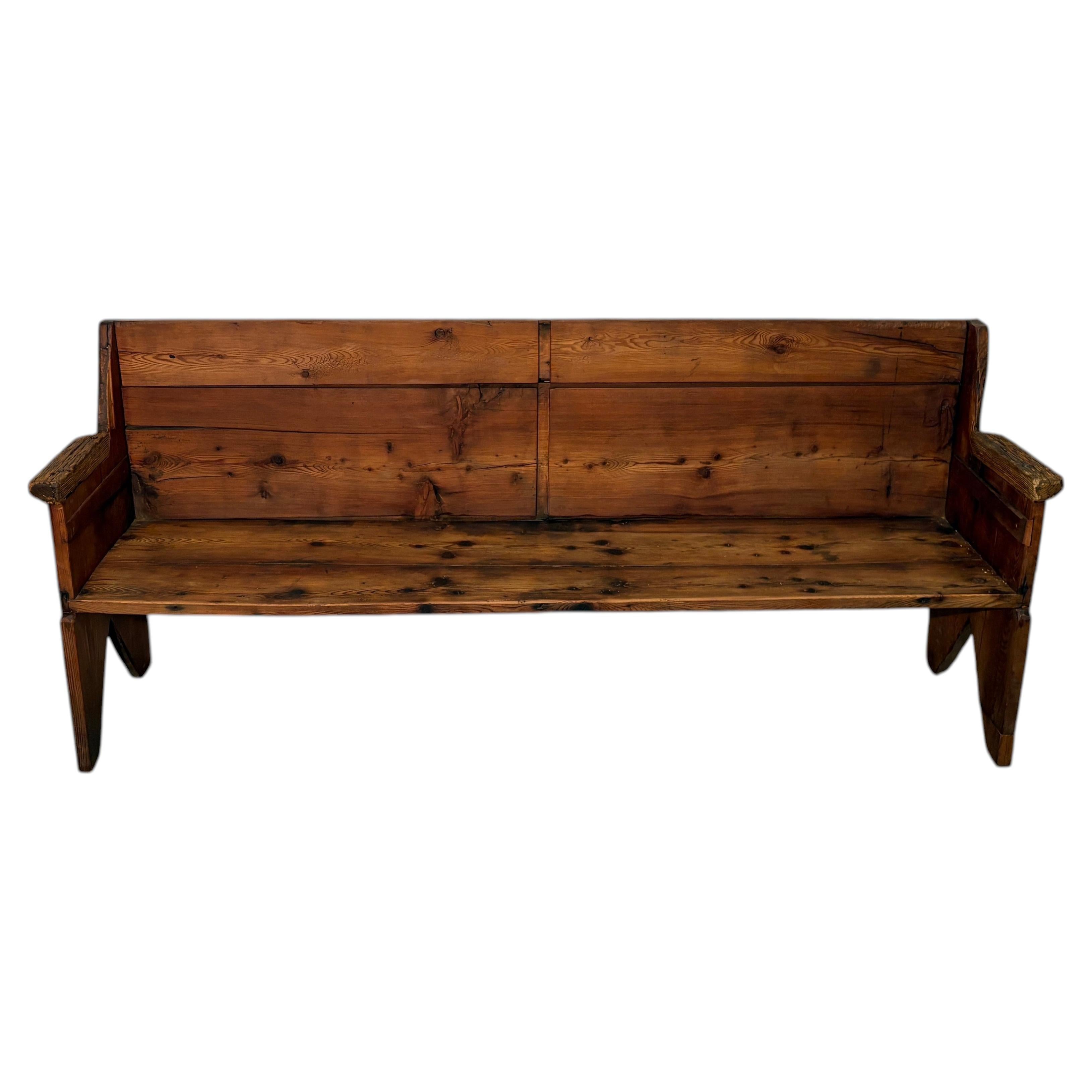Late 19th-Century Rustic Larch Wood Bench with Backrest and Armrests