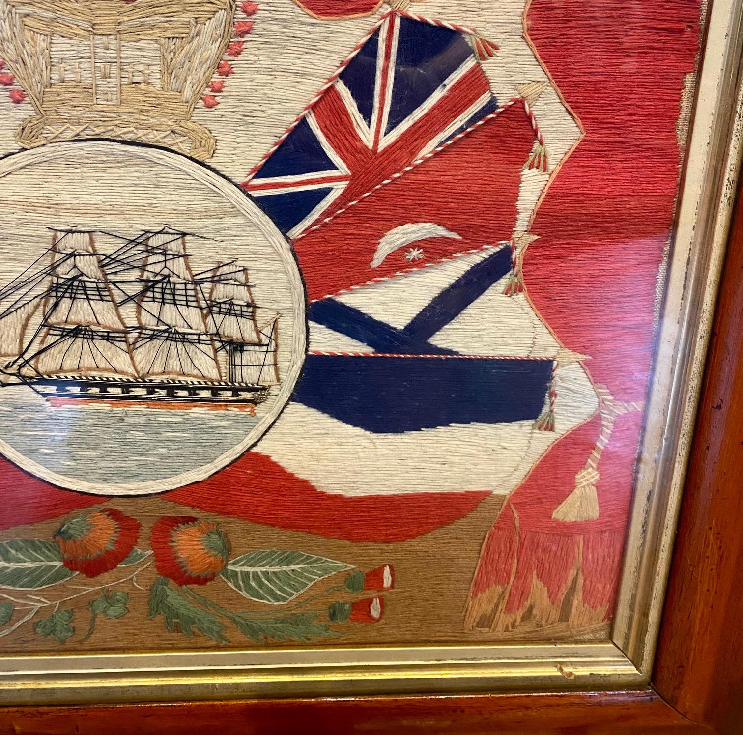 English Late 19th Century Sailor's Woolwork with Ship and Array of Flags