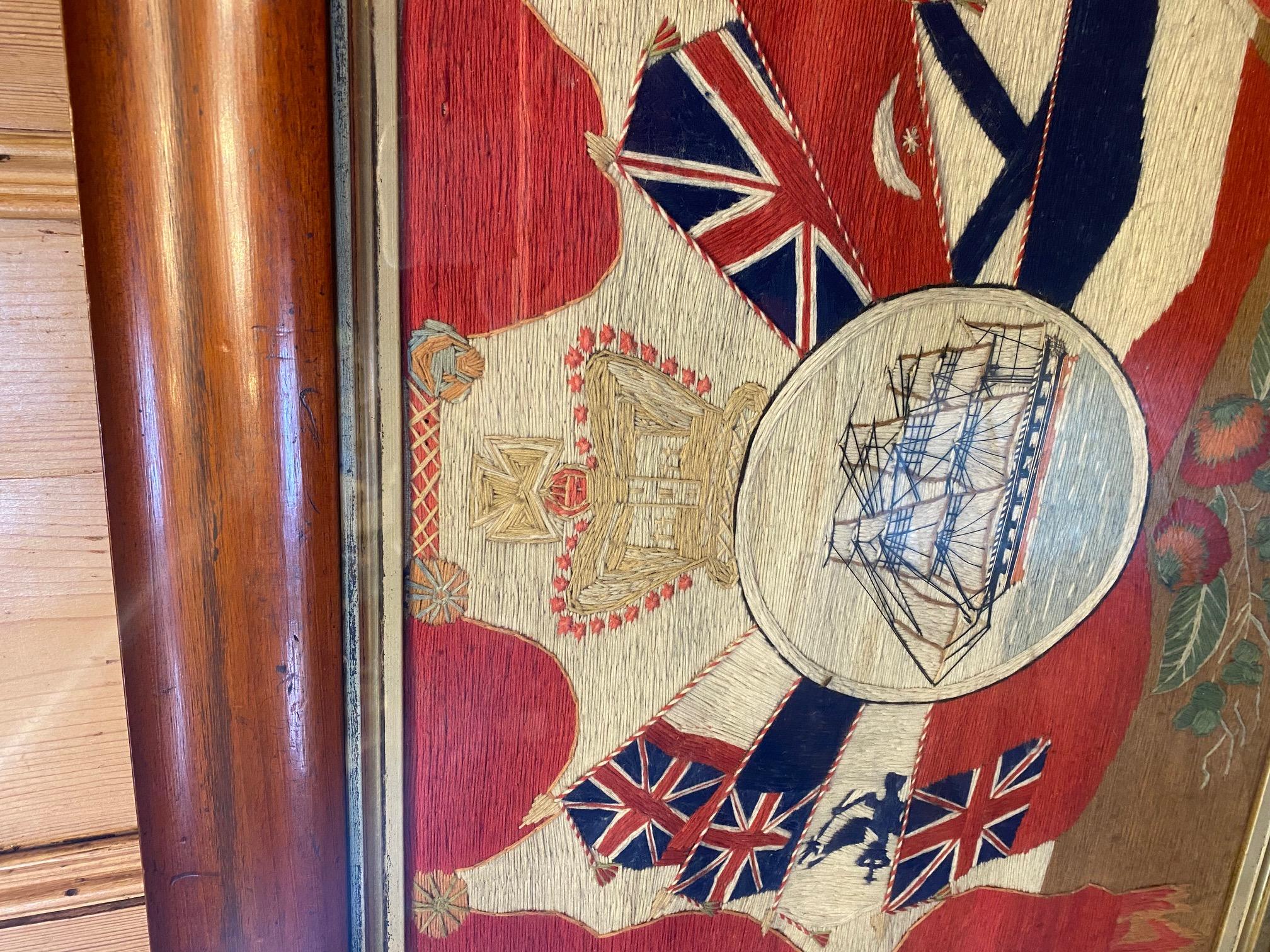 Hand-Crafted Late 19th Century Sailor's Woolwork with Ship and Array of Flags