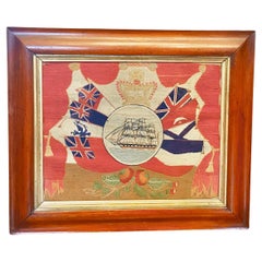 Sailor's Woolwork des späten 19. Jahrhunderts mit Schiff und einer Reihe von Flaggen