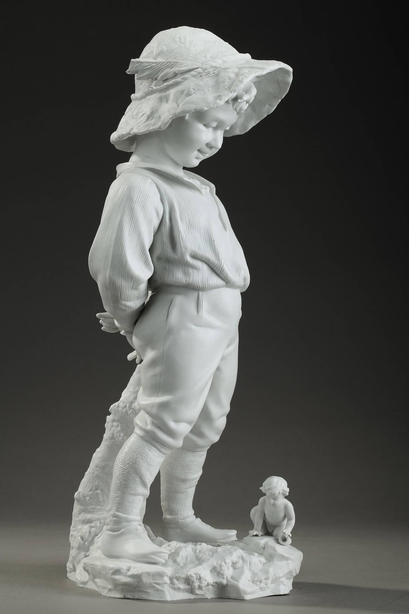 Porcelain Late 19th Century Samson Bisque Statue Child with a Hat