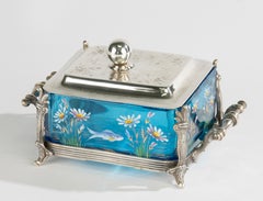 Plat de service Sardine de la fin du 19ème siècle - verre peint à la main et plaqué argent