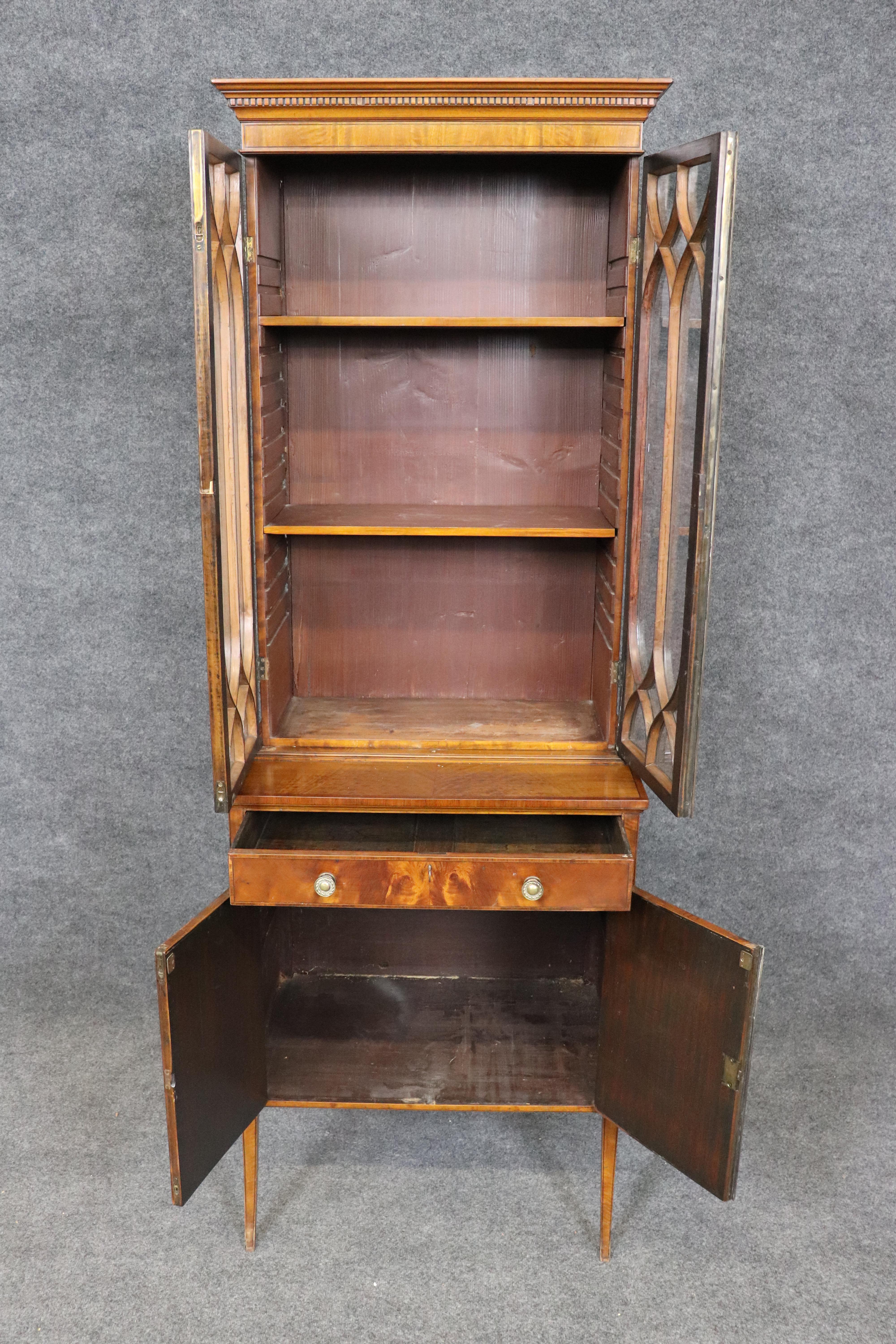 This is a great cabinet and a great size for virtually any space in your home. The width and shallow depth means placement options are virtually endless. The cabinet can be used as a china cabinet or bookcase. The piece is in good antique condition