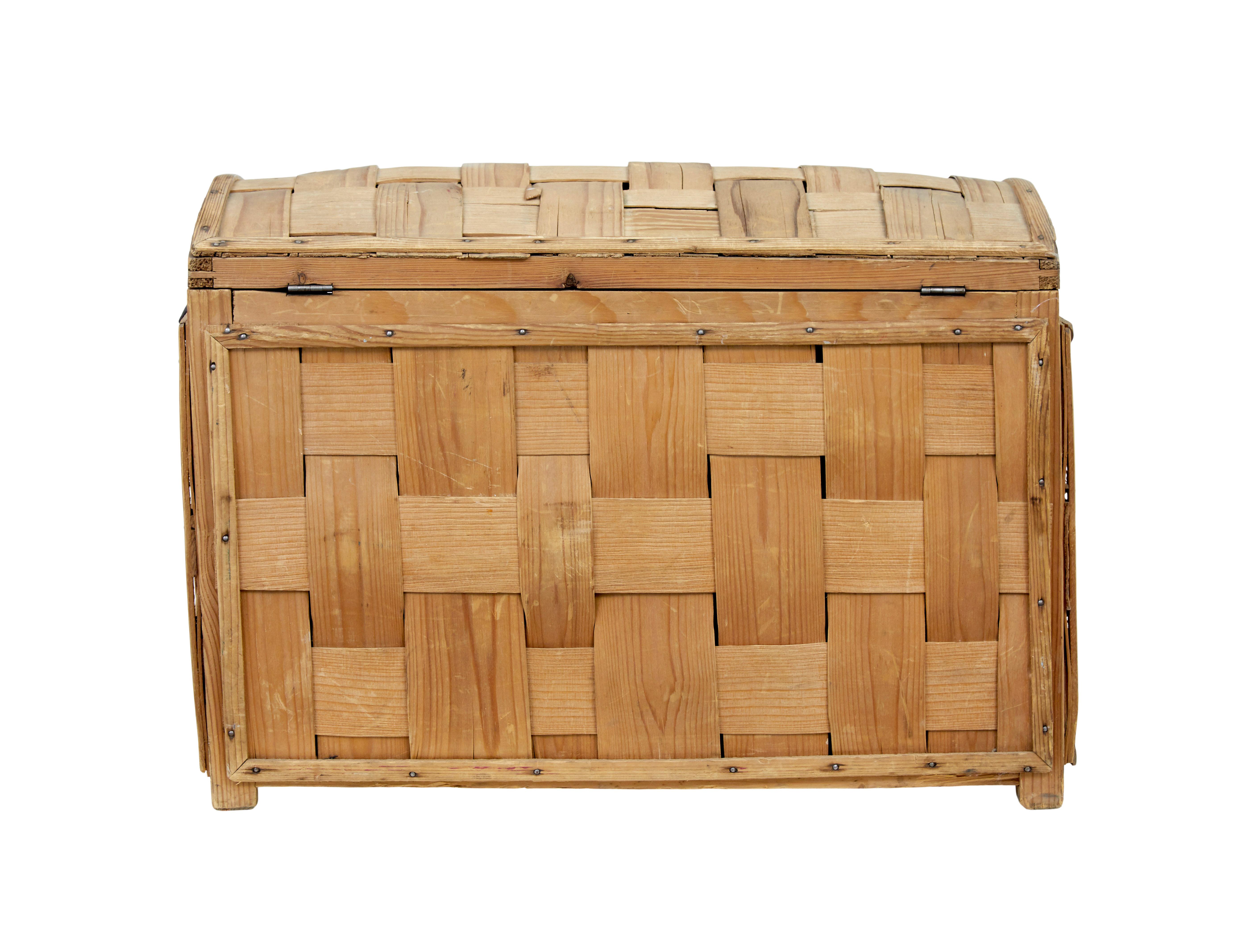 Hand-Crafted Late 19th century Scandinavian woven pine dome top trunk For Sale