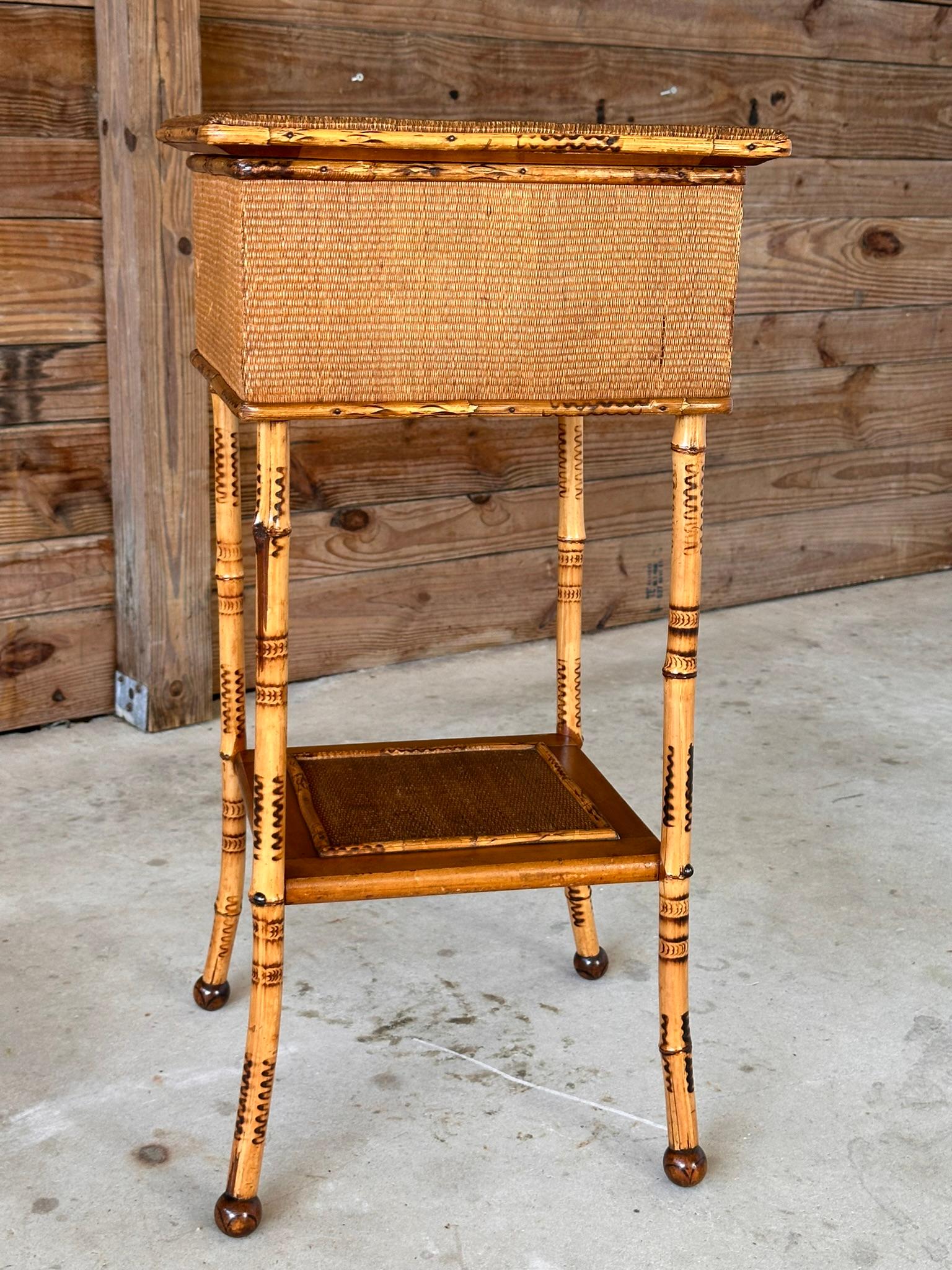 Aesthetic Movement Late 19th Century Scorched English Bamboo Sewing Stand / Side Table