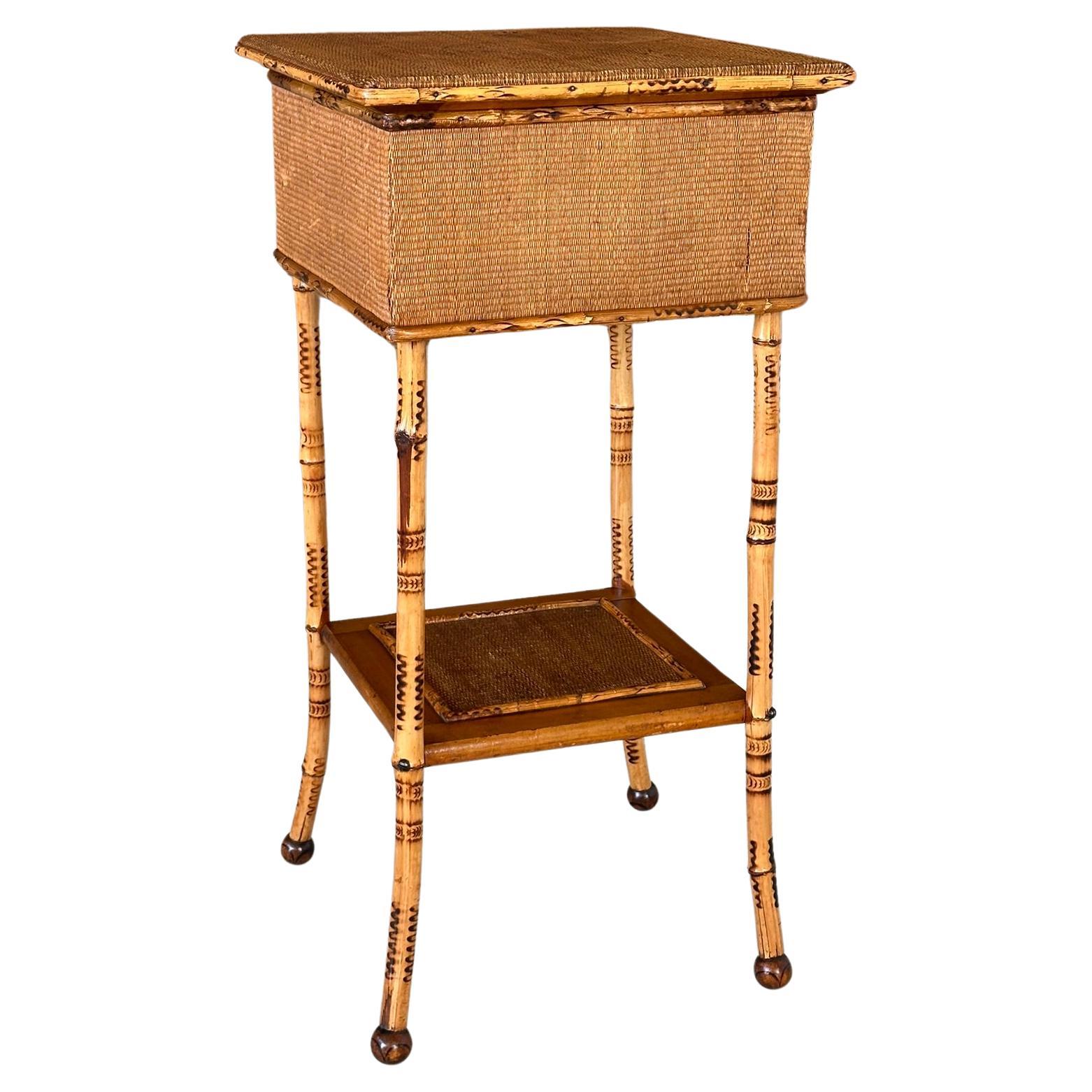 Late 19th Century Scorched English Bamboo Sewing Stand / Side Table