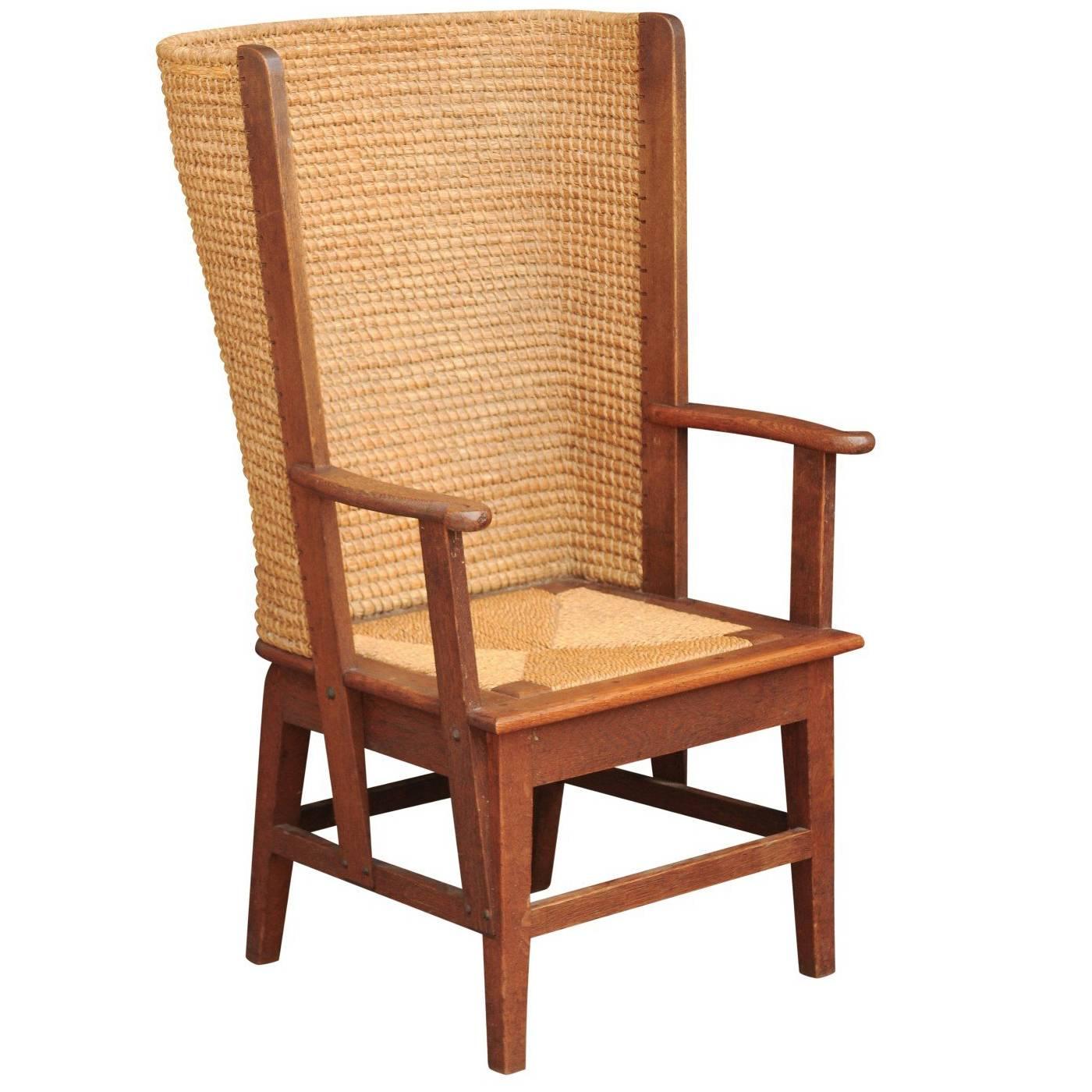 Late 19th Century Scottish Orkney Chair with Wraparound Handwoven Straw Back
