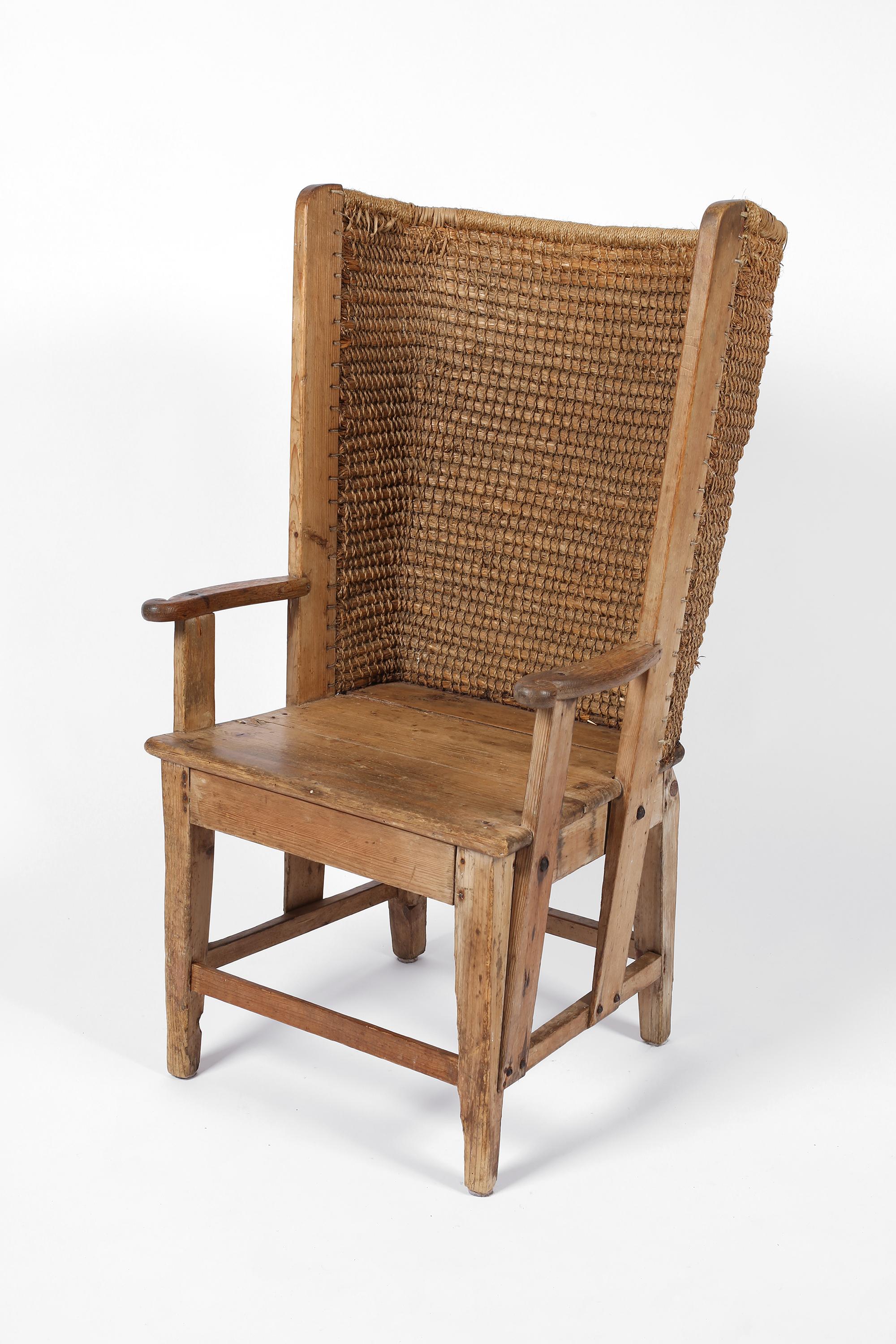 An excellent example of a late 19th century Orkney chair in natural pine, oat straw and sisal twine. A beautifully patinated vernacular piece originating from the Orkney archipelago, off the northwestern coast of Scotland. A craft dating back