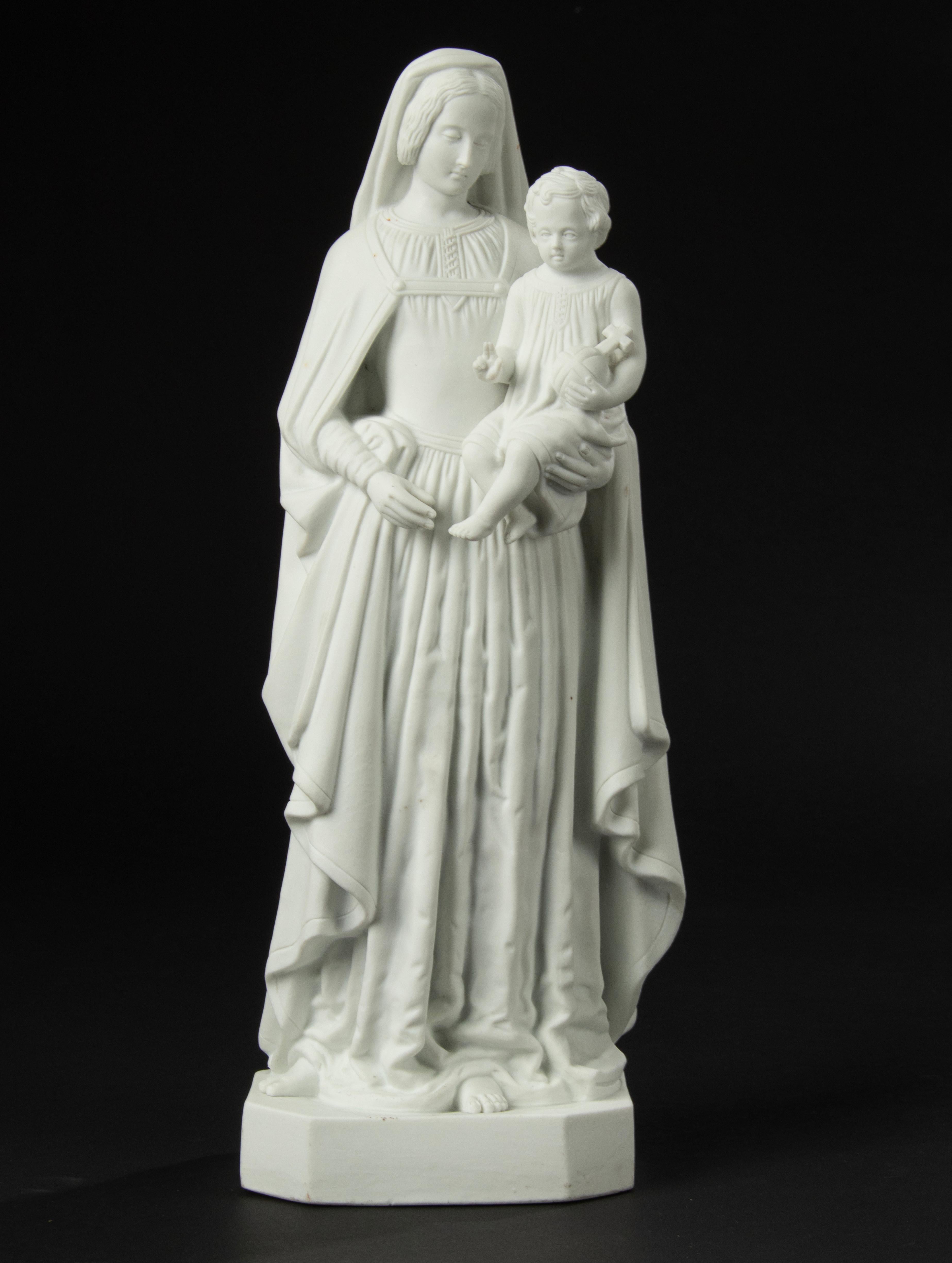 Beautiful biscuit porcelain sculpture, depicting Mary with baby Jesus on her arm.
The sculpture is marked on the bottom, but the sign is not clear. Maker unknown.
The statue is in very good condition. Free Shipping.