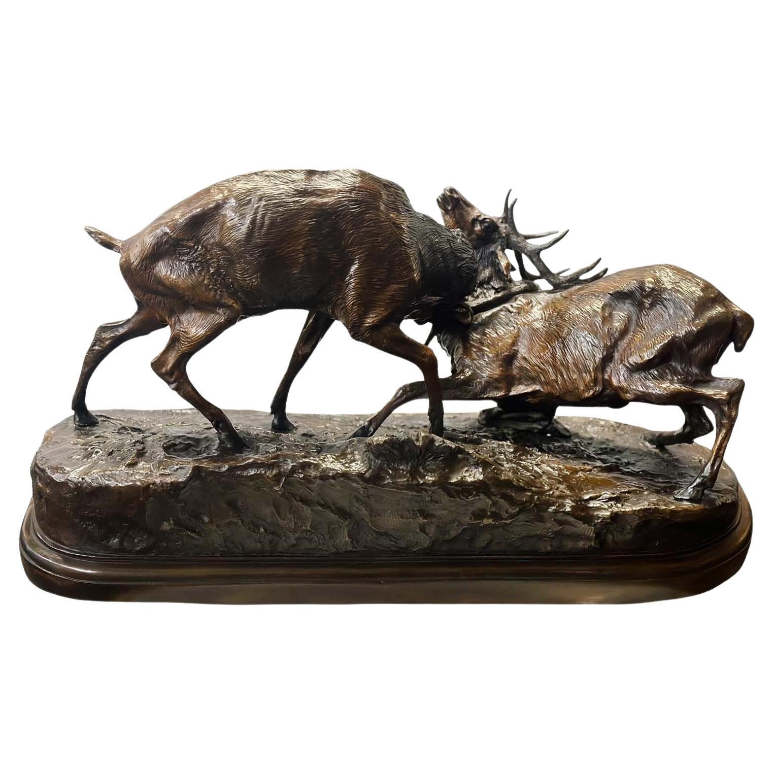 Late 19th Century Sculpture of Two Fighting Elks by P.J. Mêne For Sale
