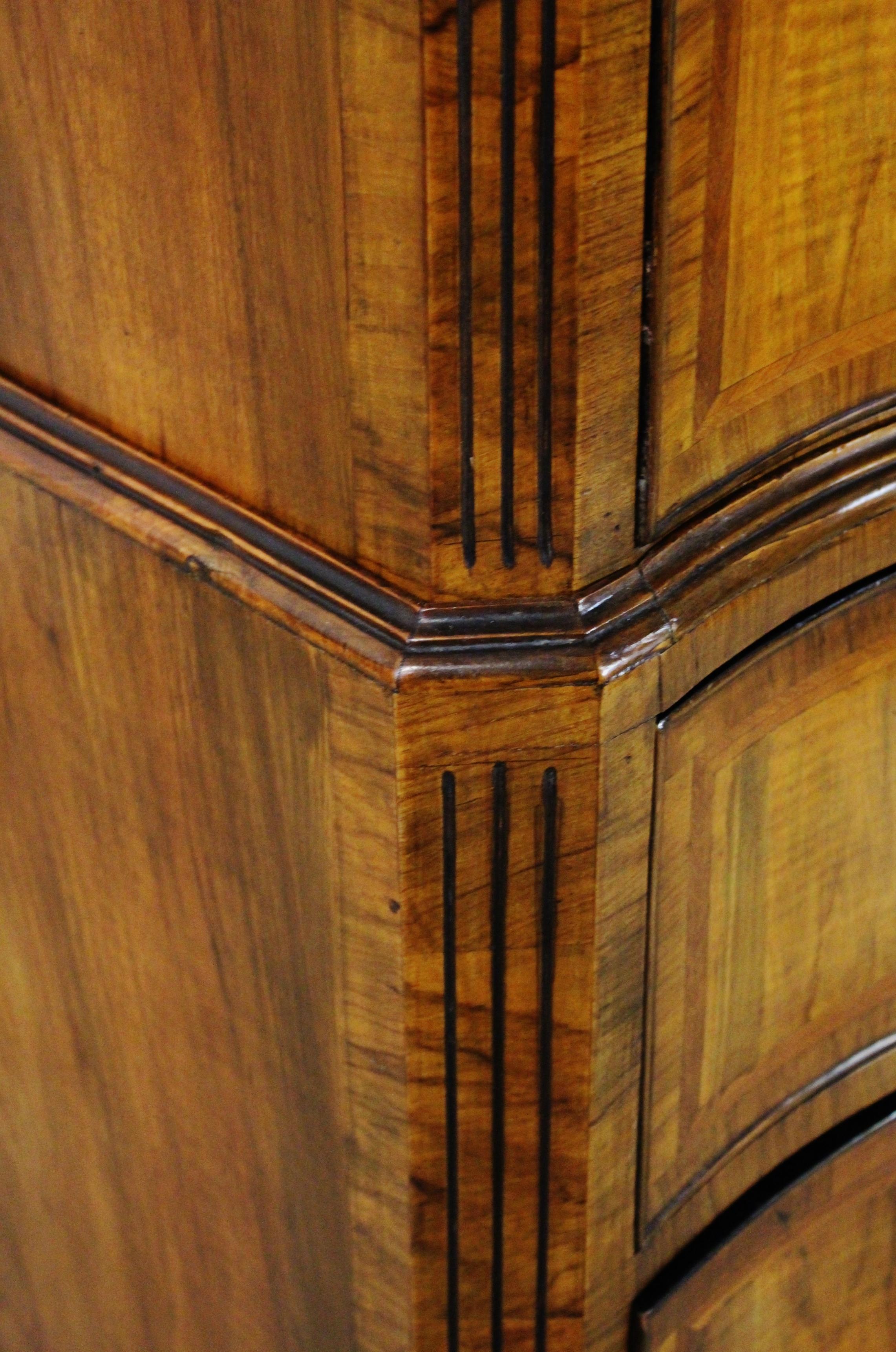 A splendid George I style, serpentine fronted, burr walnut chest on chest, or tallboy. Very well made in solid walnut and with attractive burr walnut veneers onto an oak carcas. This chest is of very generous proportions, standing bold on its