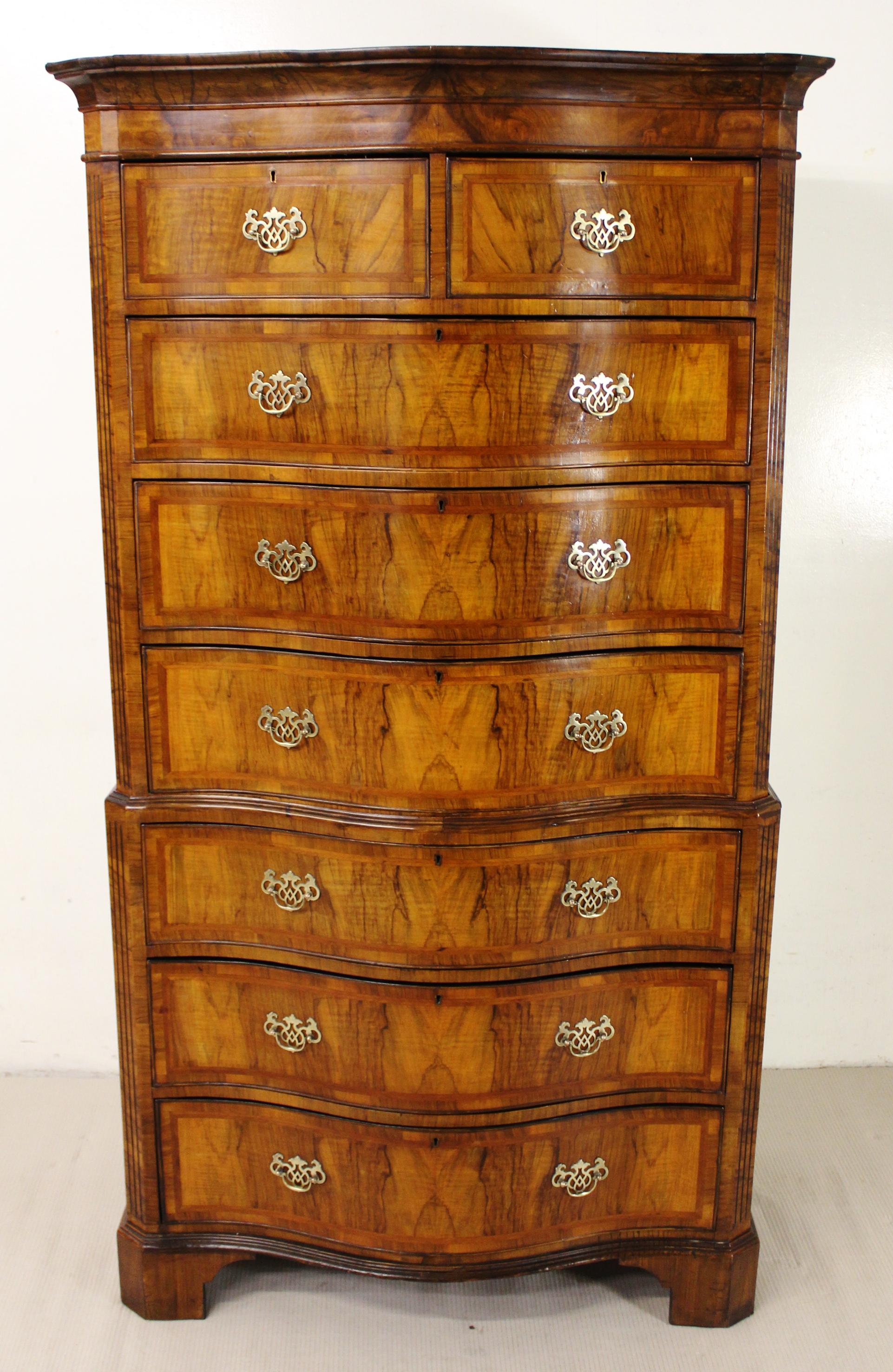 George I Late 19th Century Serpentine Fronted Burr Walnut Chest on Chest
