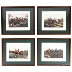 Late 19th Century Set Four Equestrian Engravings Forest Hunting Scenes