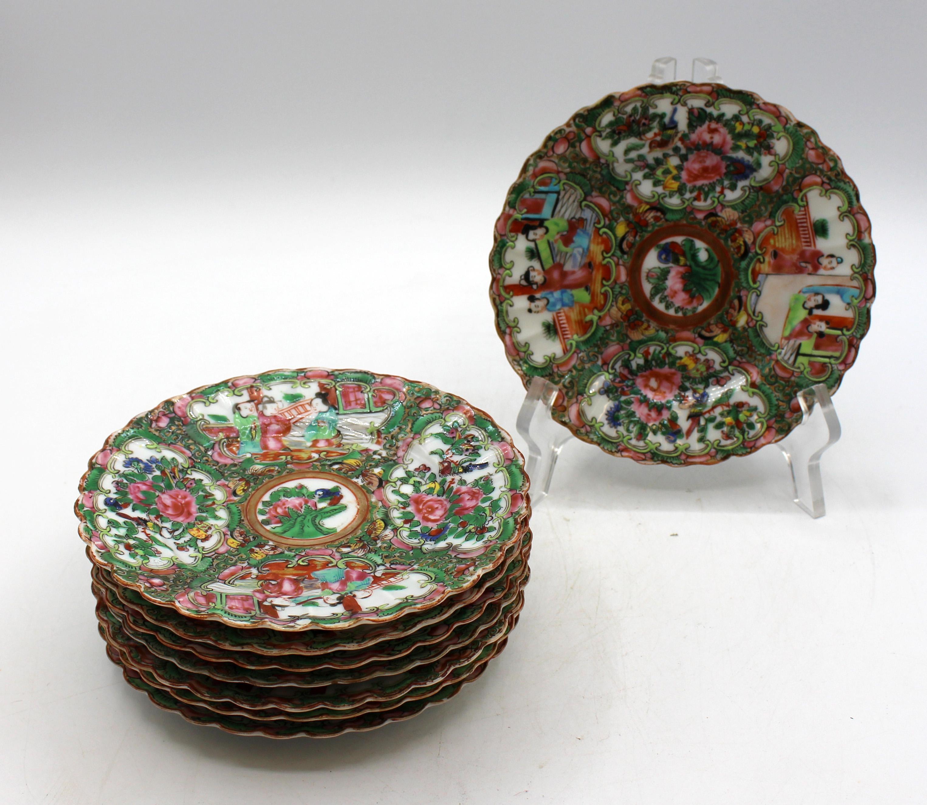 Late 19th century set of 8 Chinese export cake or dessert plates. Rose Medallion. Ribbed borders. Very thin porcelain, delicately painted. Some minor rubbing.
6 1/8