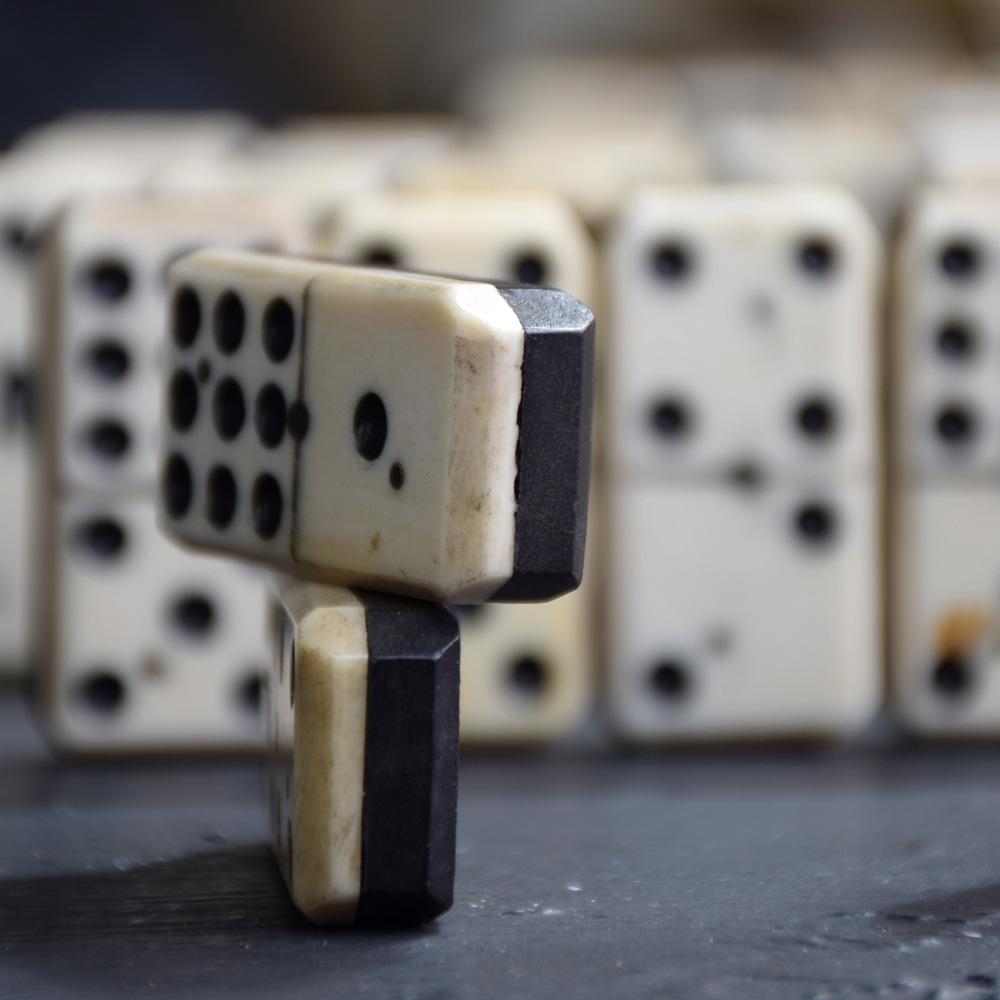 English Late 19th Century Set of Ebony and Carved Bone Dominoes