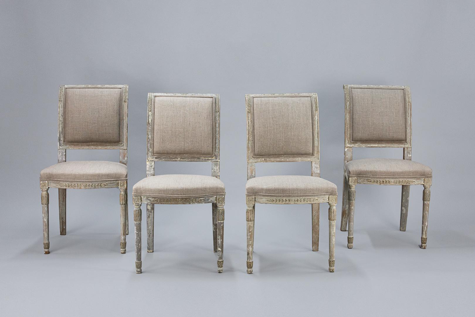 Set of four late 19th century Swedish chairs, wonderful carved details, dry scraped back to the original pale blue grey finish. Smartly reupholstered, Sweden, circa 1890. Priced as a set, seat height 46cm
Dimensions: 44cm x 87cm x 47cm.