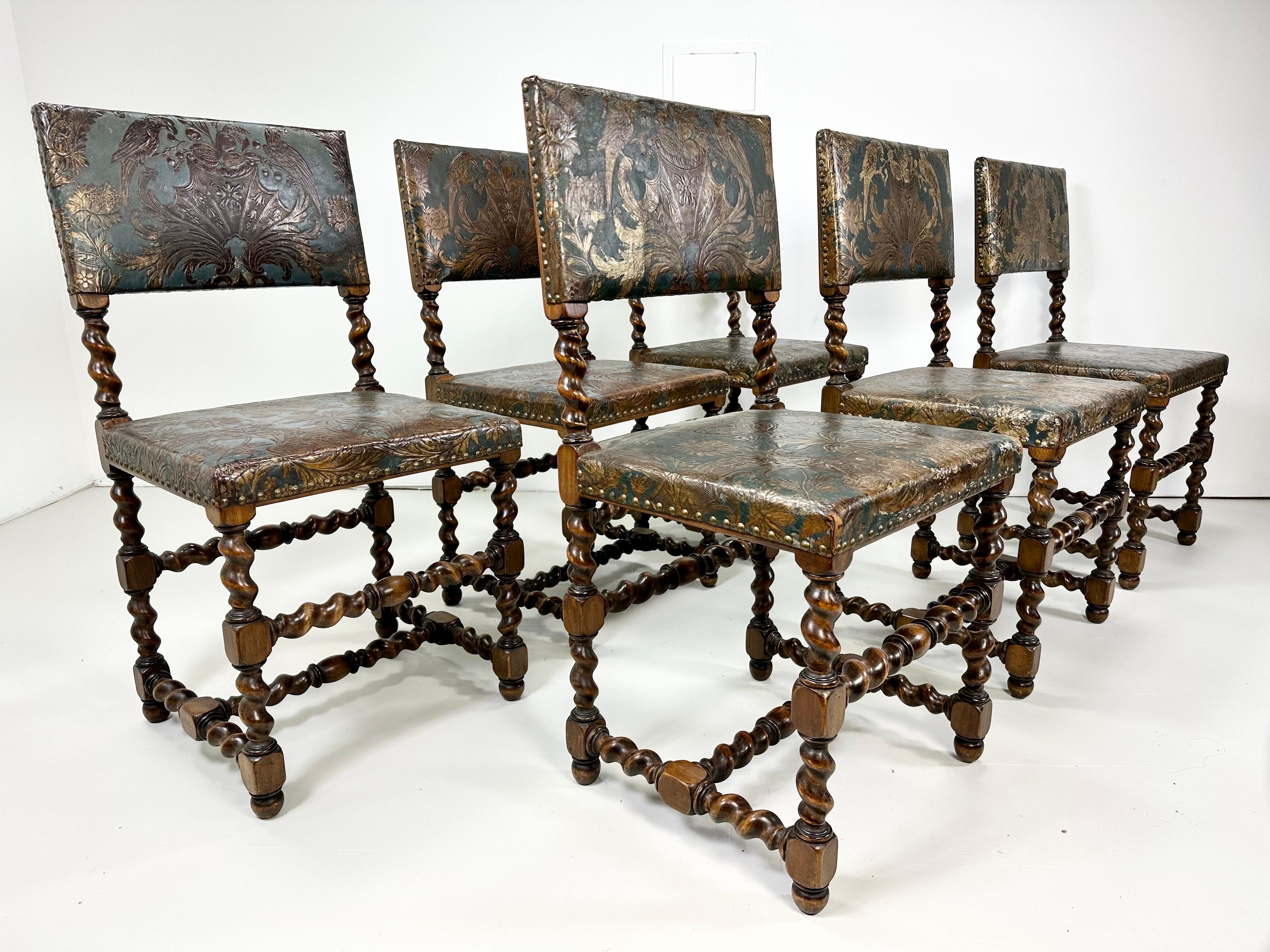Set of six Baroque style dinning chairs. Exquisite gilt leather seats and back. Turned Beech wood frames. Sweden

Delivery to NYC area for $375. Please inquire.