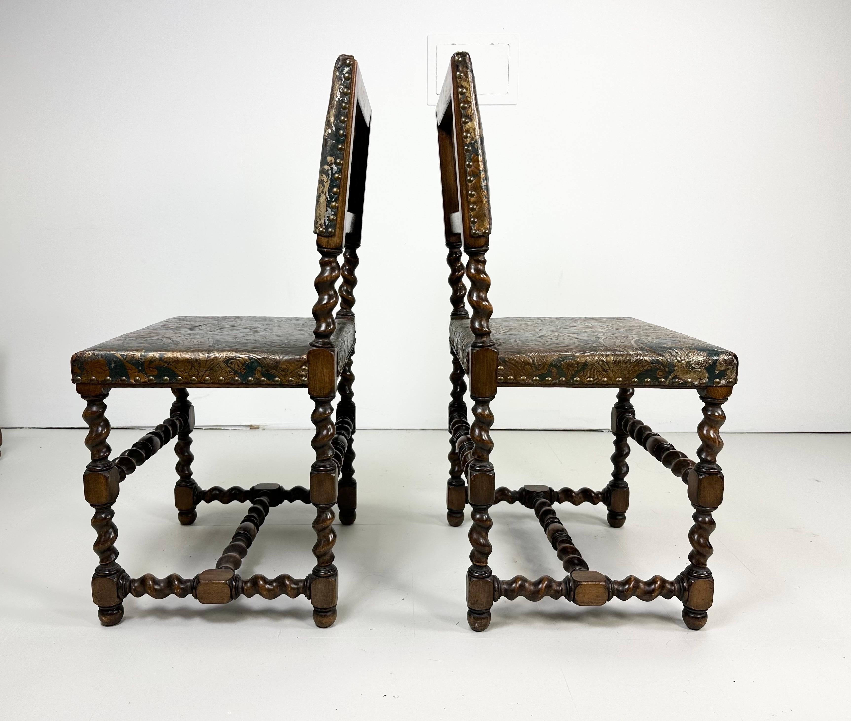 Embossed Late 19th Century Set of Six Baroque Style Dining Chairs With Gilt Leather For Sale