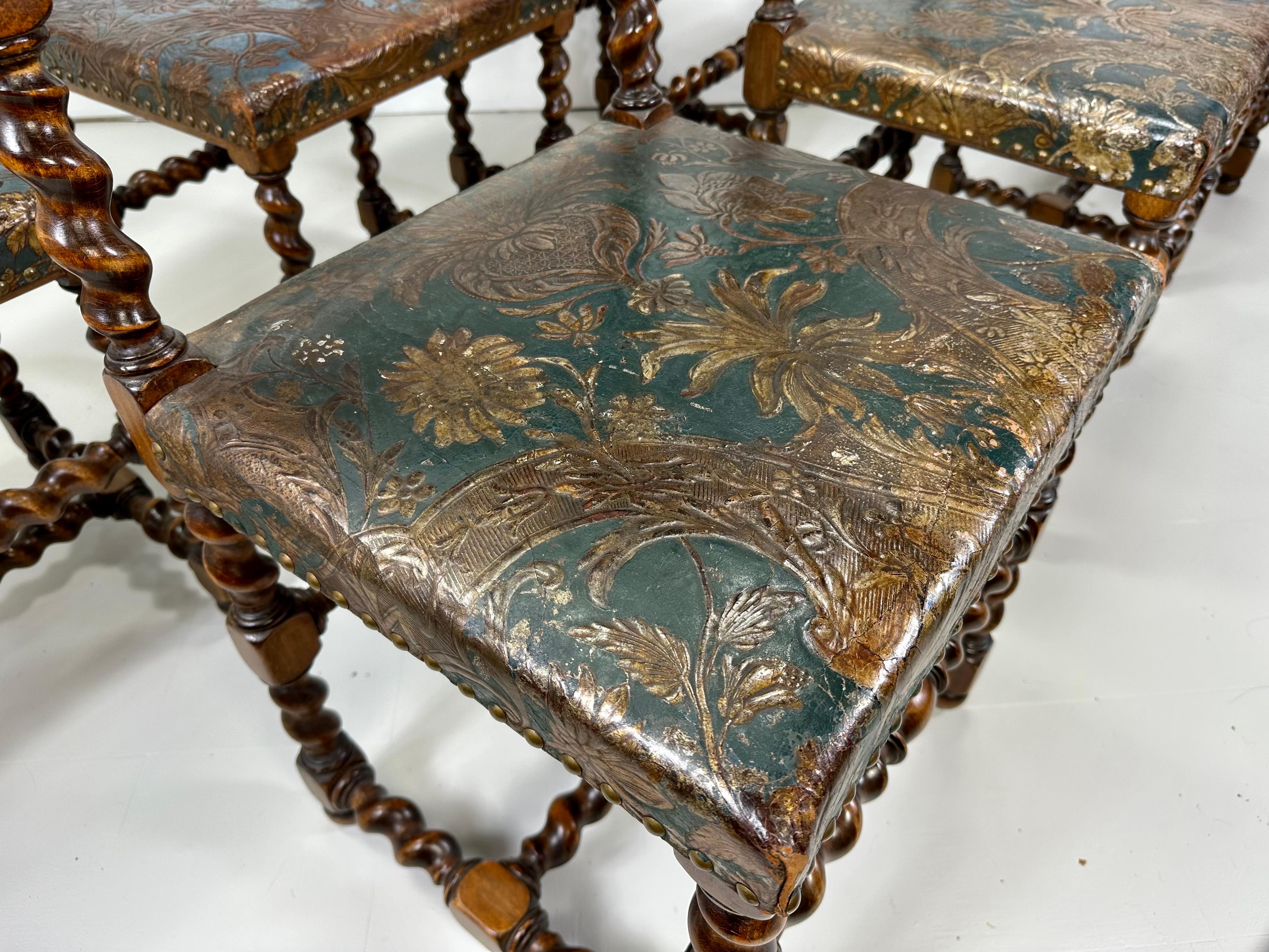 Late 19th Century Set of Six Baroque Style Dining Chairs With Gilt Leather For Sale 2